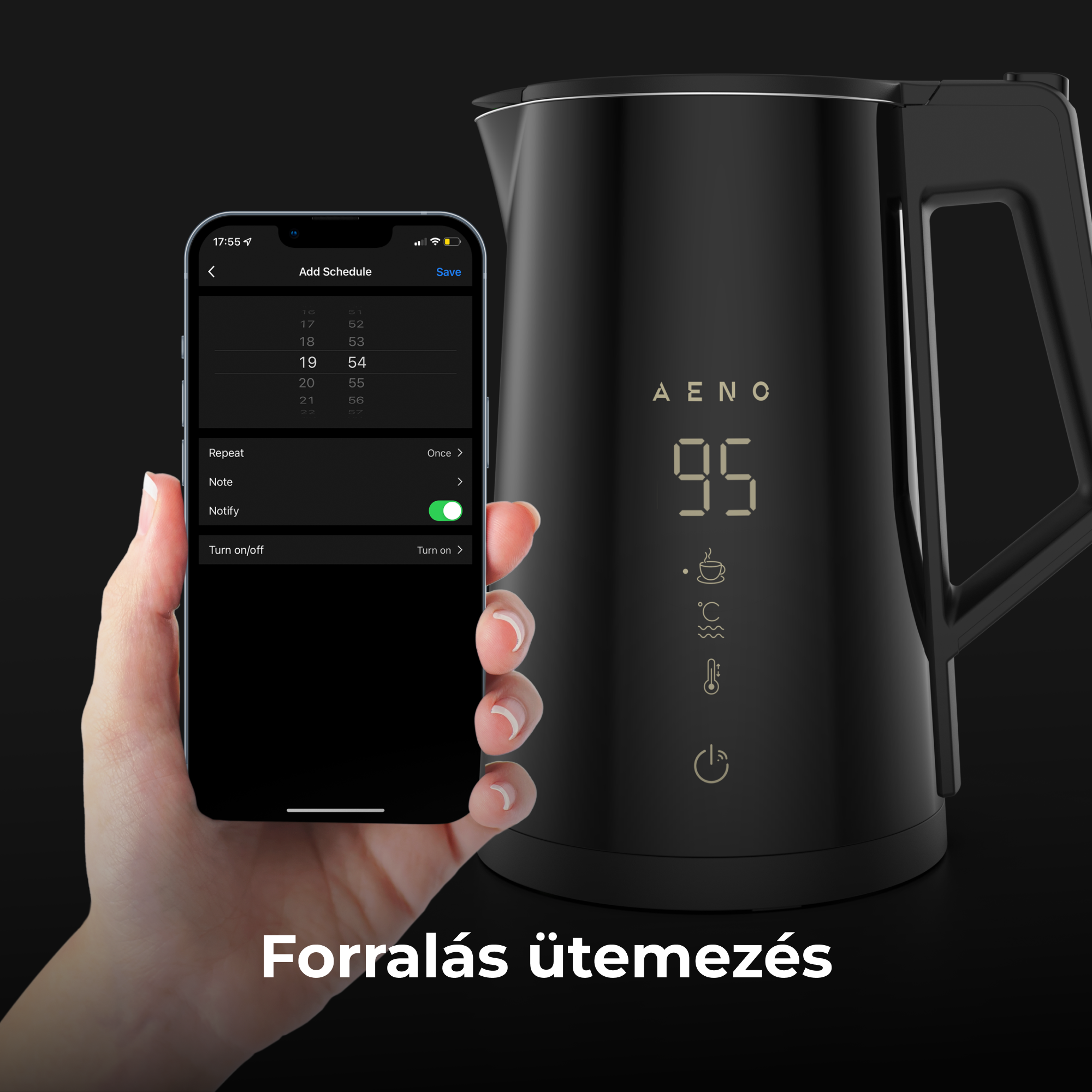 Egy fekete vízforraló egy okostelefonnal, amely a menetrendet mutatja.
