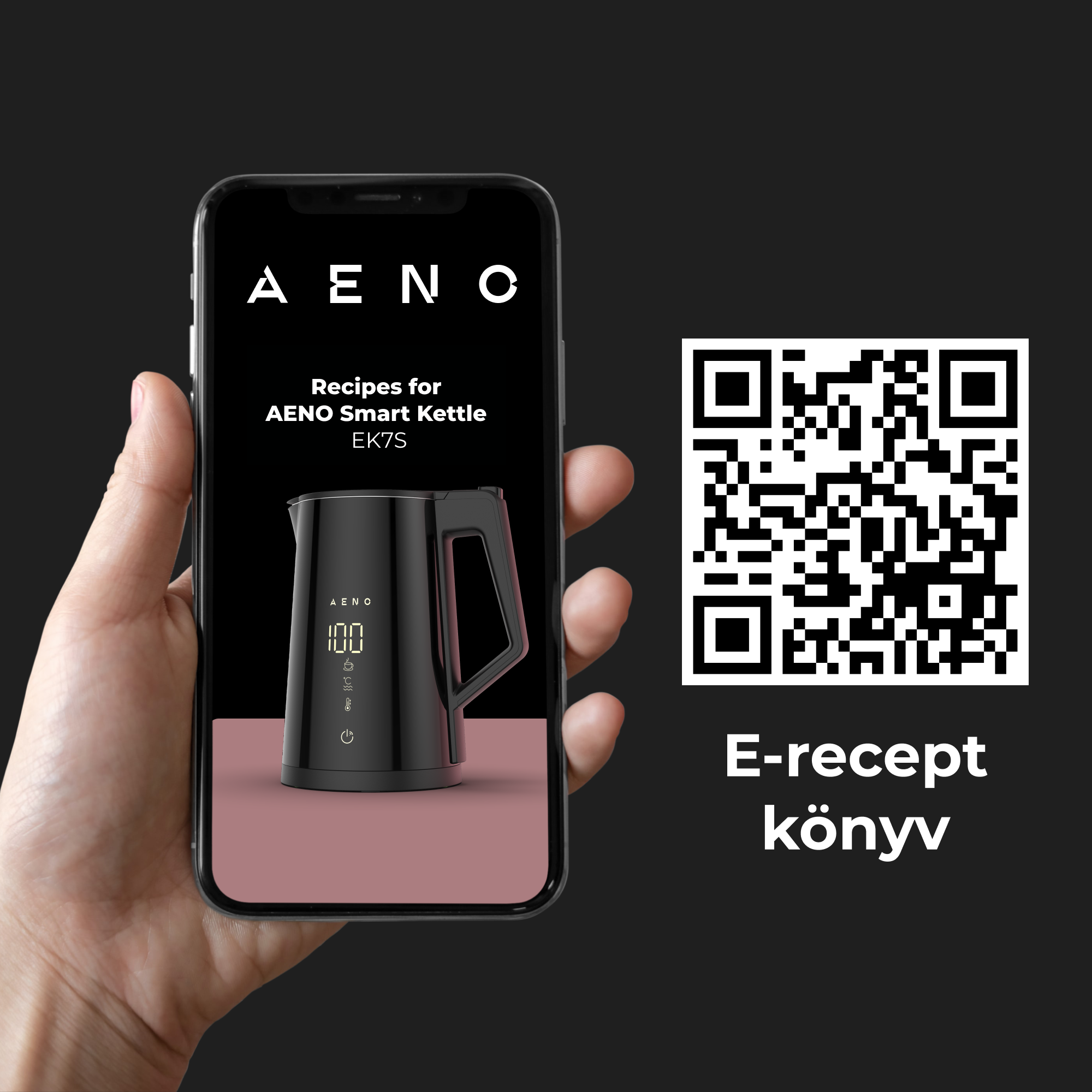 Kéz okostelefont tart, vízforraló képével és QR-kóddal.