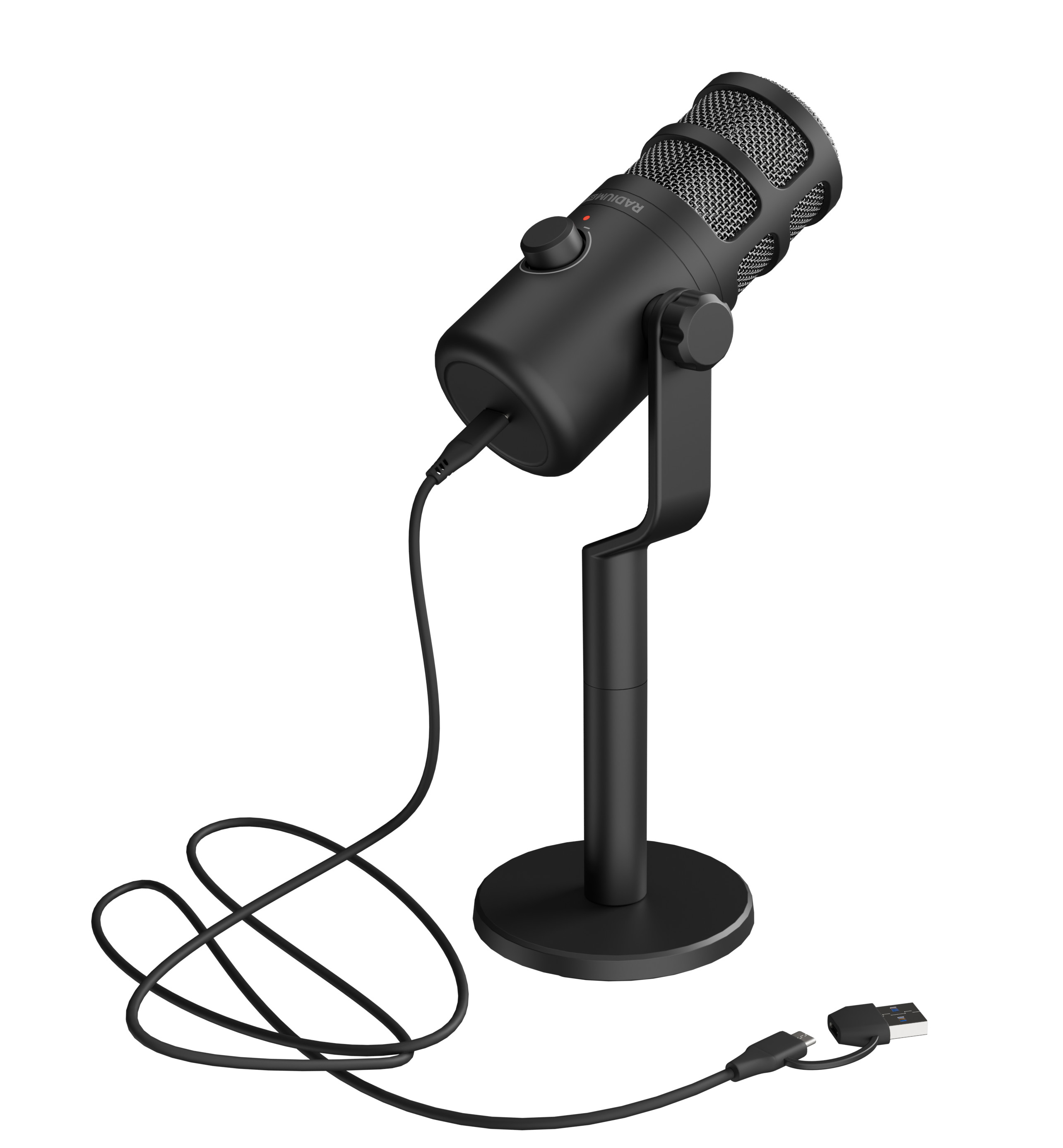 Czarny mikrofon na statywie z kablem USB, skierowany w górę.