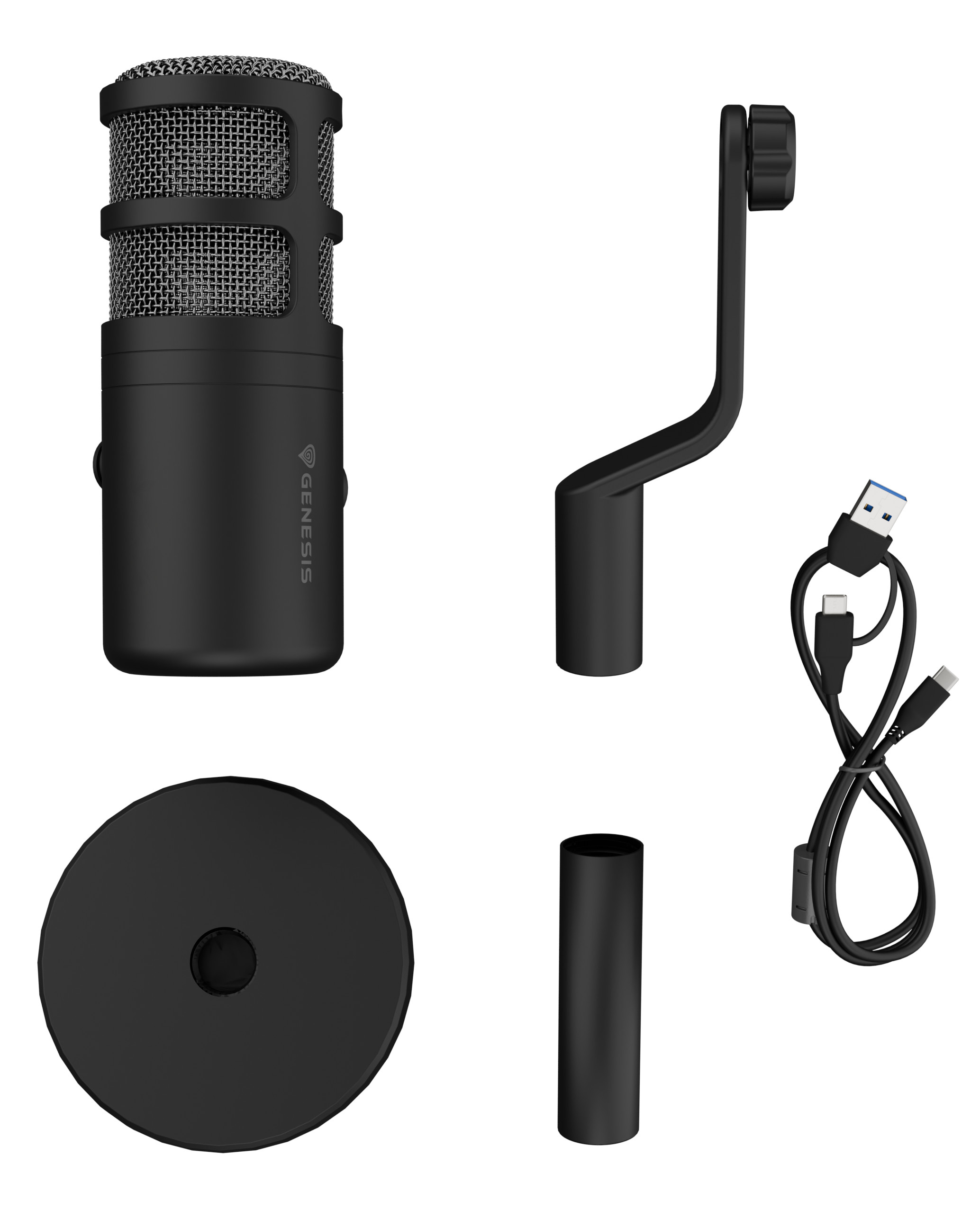 Czarny mikrofon, statyw i kabel USB.