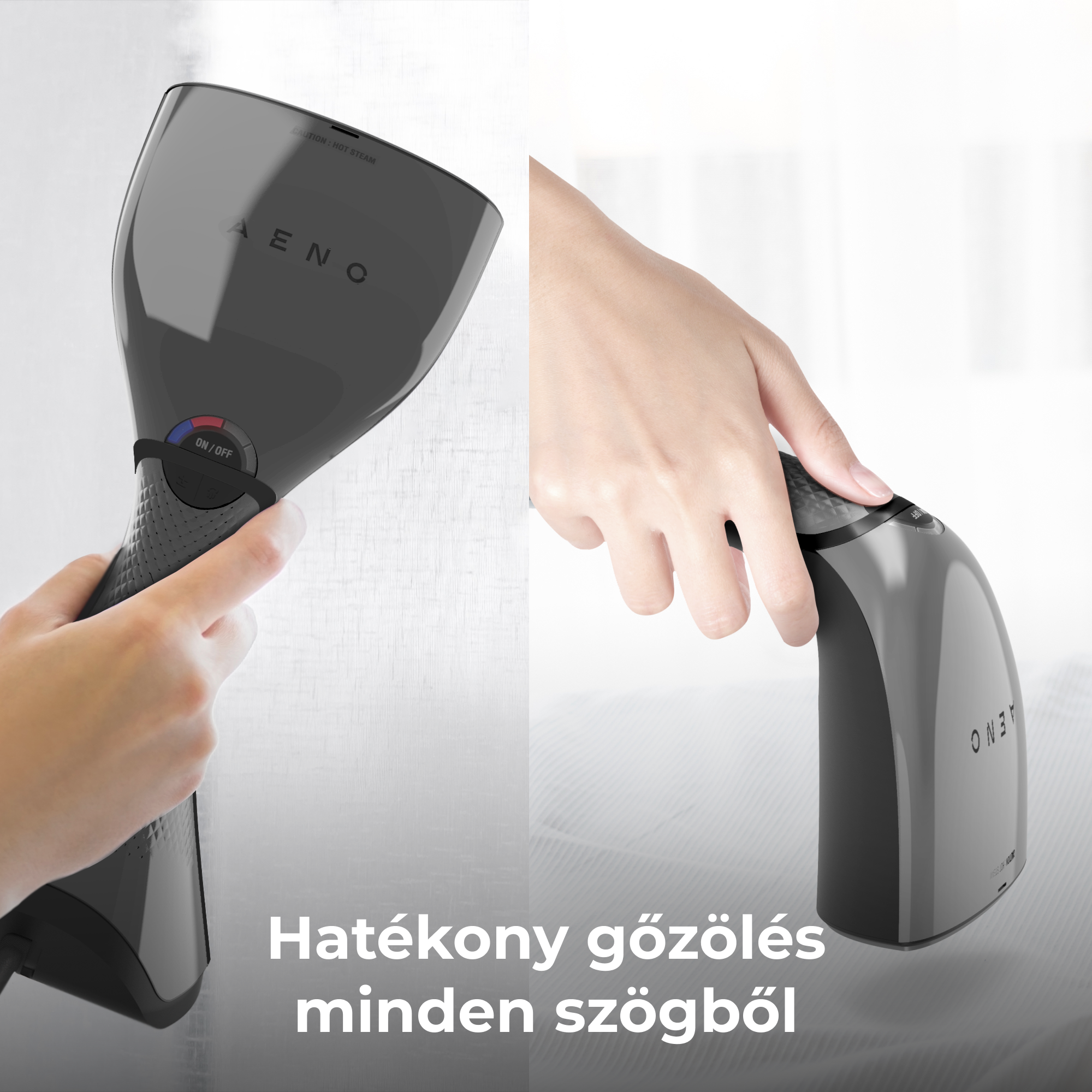 Két kéz fekete ruhagőzölőt tart. Magyar szöveg: Hatékony gőzölés minden szögből.