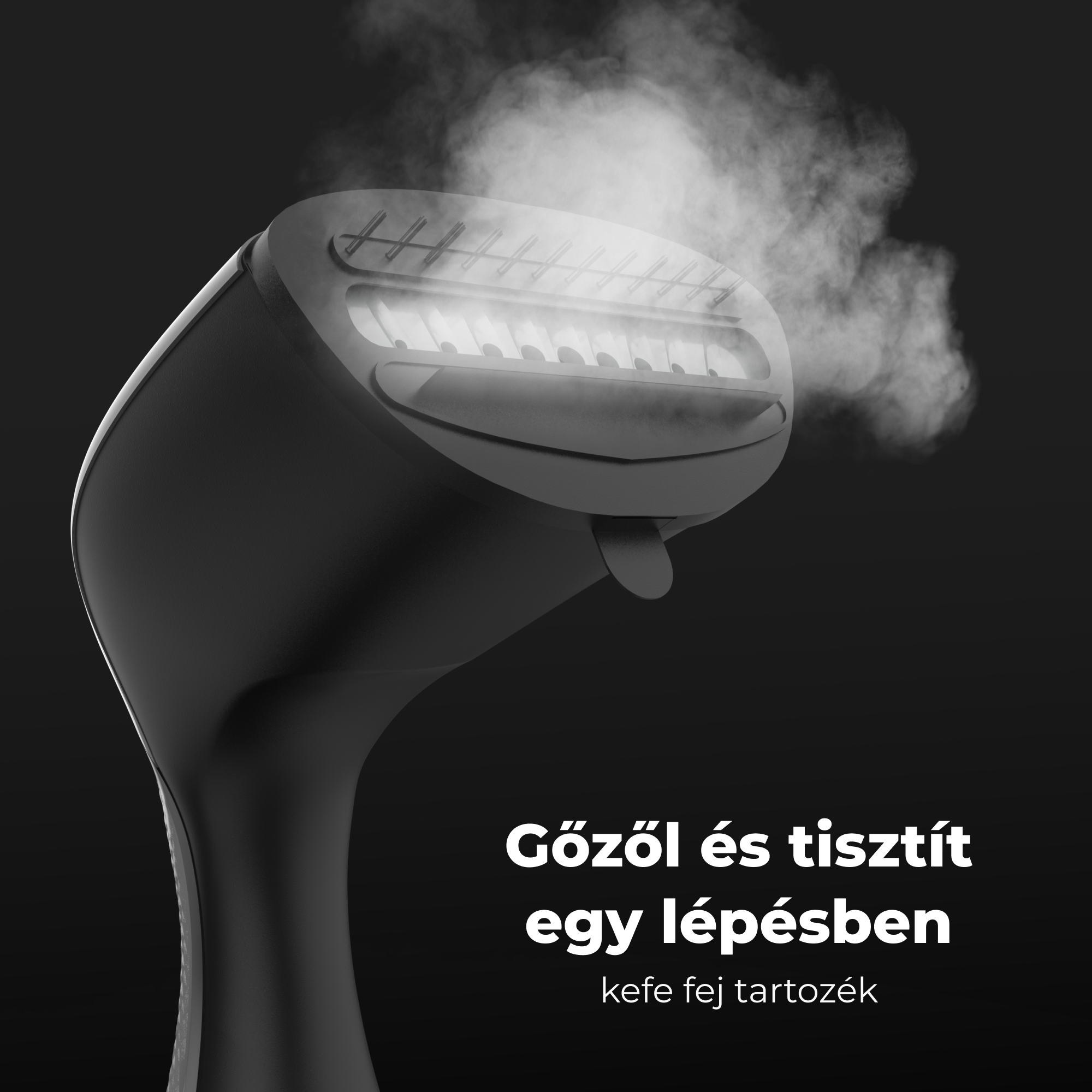 Egy fekete ruhagőzölő gőzölővel, fekete háttér előtt.