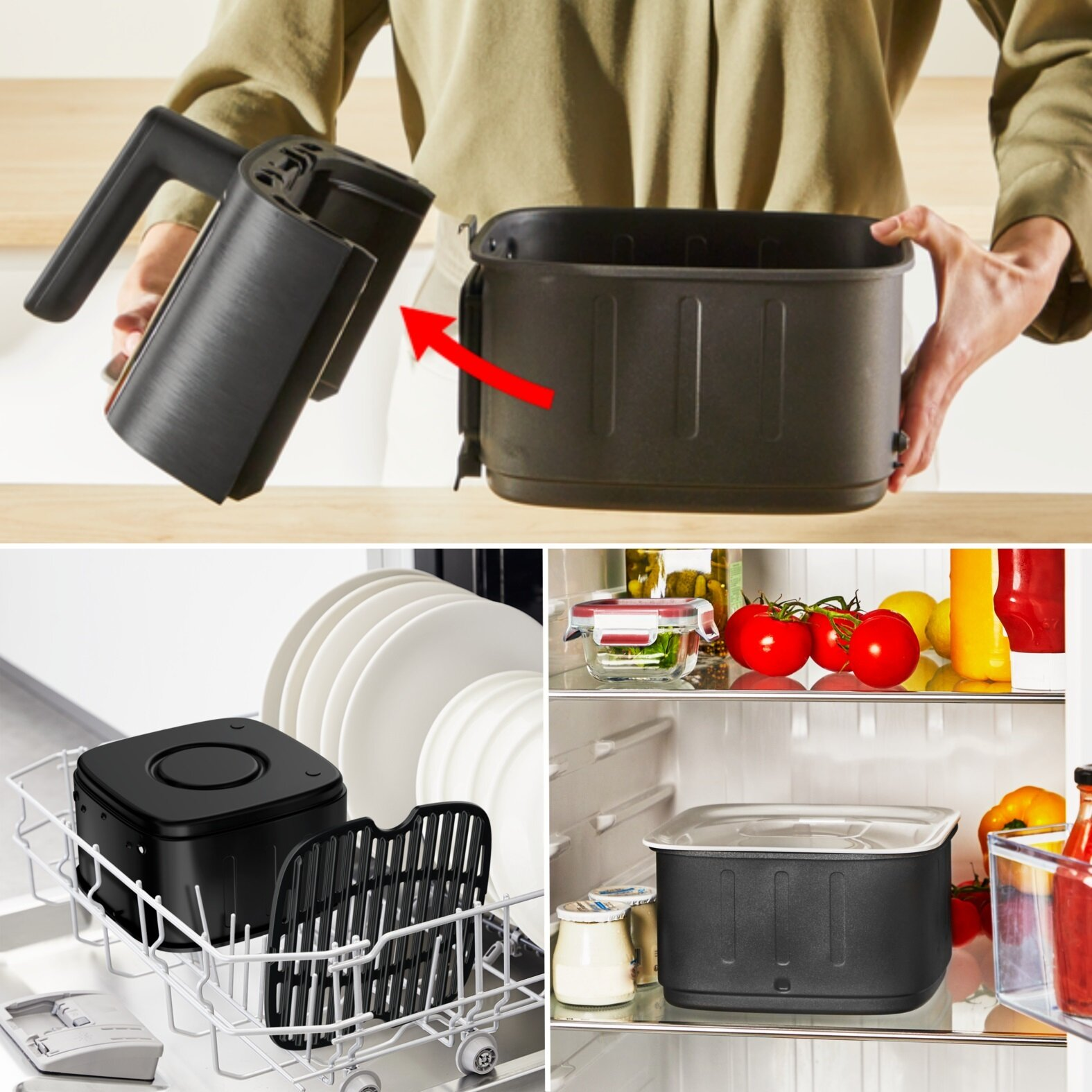 Zestaw obrazów pokazujących kosz do frytkownicy powietrznej i jego komponenty w różnych zastosowaniach.