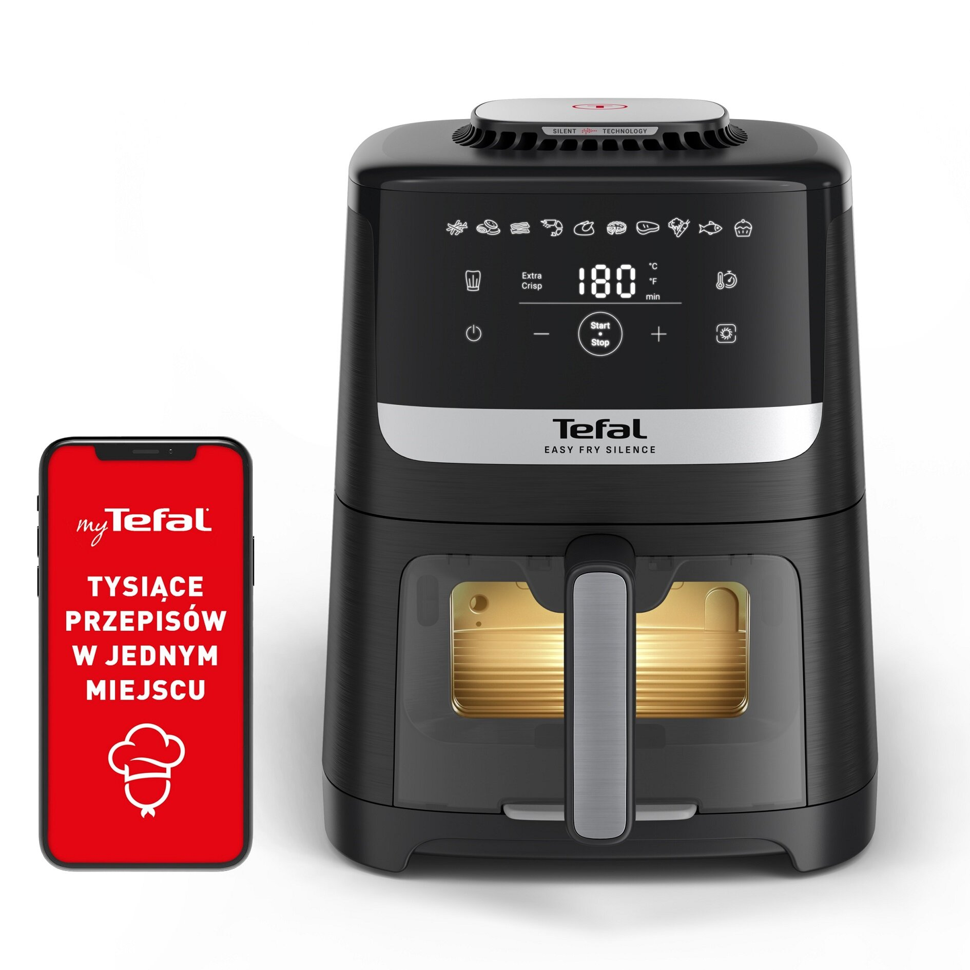 Czarna frytownica powietrzna z cyfrowym wyświetlaczem i smartfonem pokazującym interfejs aplikacji.