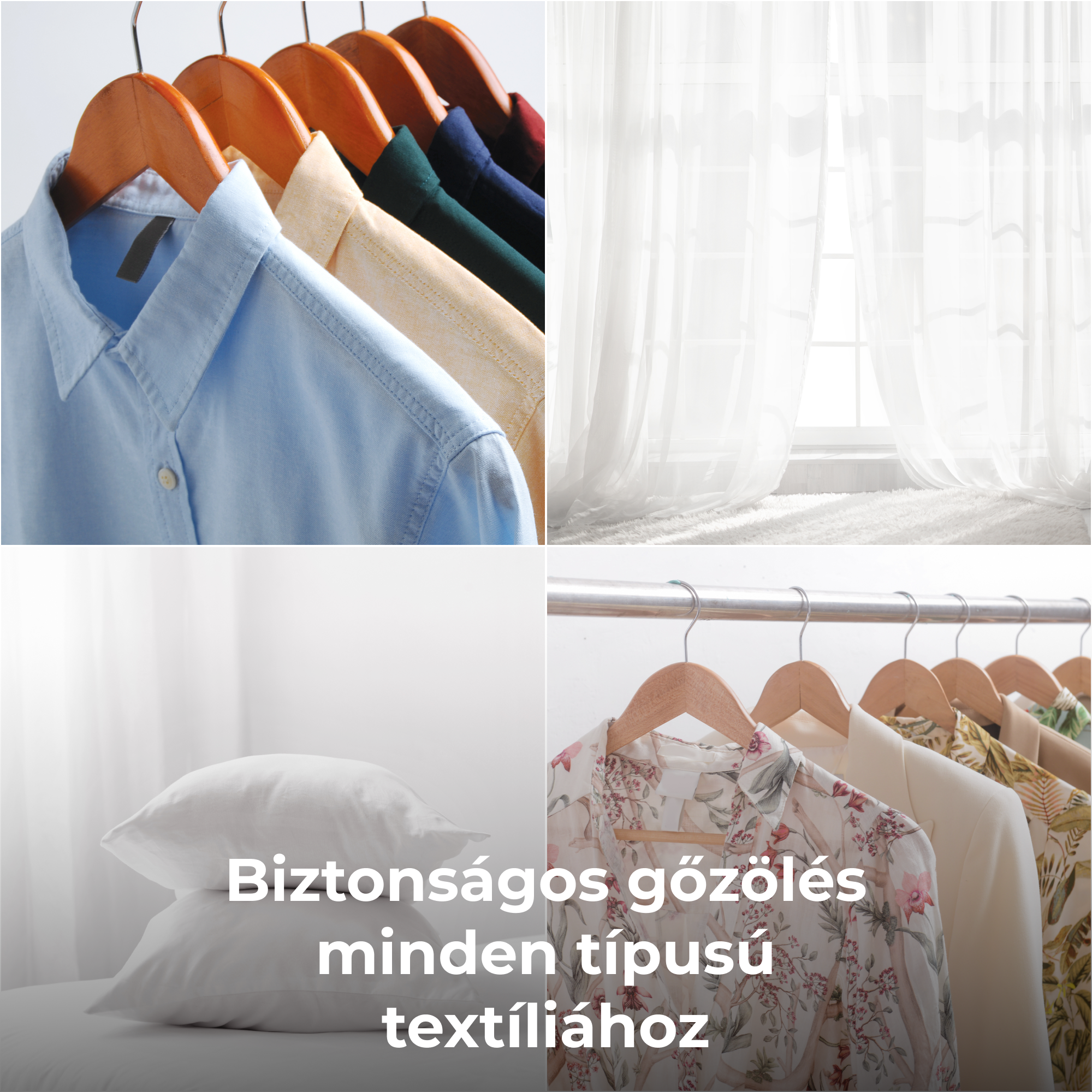 Ruhák fa fogasokon, fehér függönyök a háttérben, szöveg textilekről.