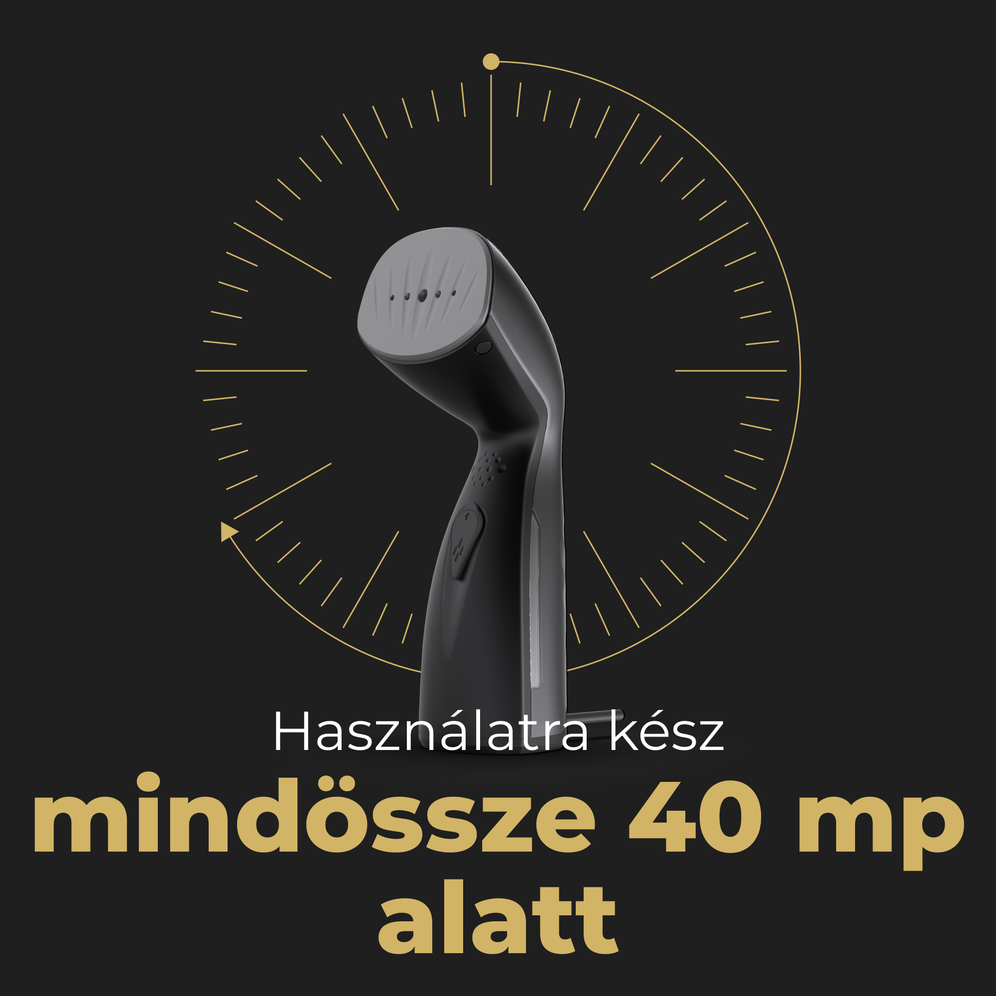 Fekete ruhagőzölő időzítő grafikával és magyar nyelvű szöveggel.