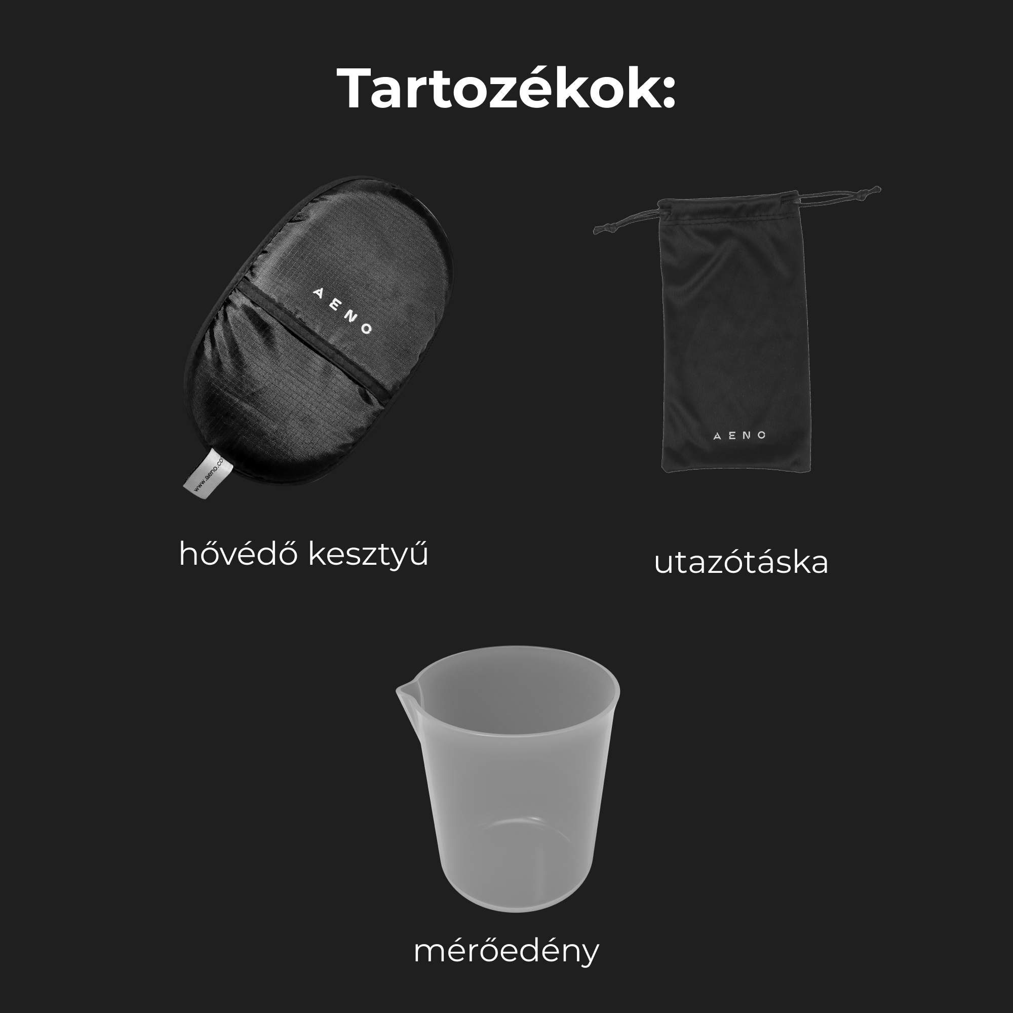 Három kiegészítő: szemmaszk, zsinóros táska és mérőpohár sötét háttéren.