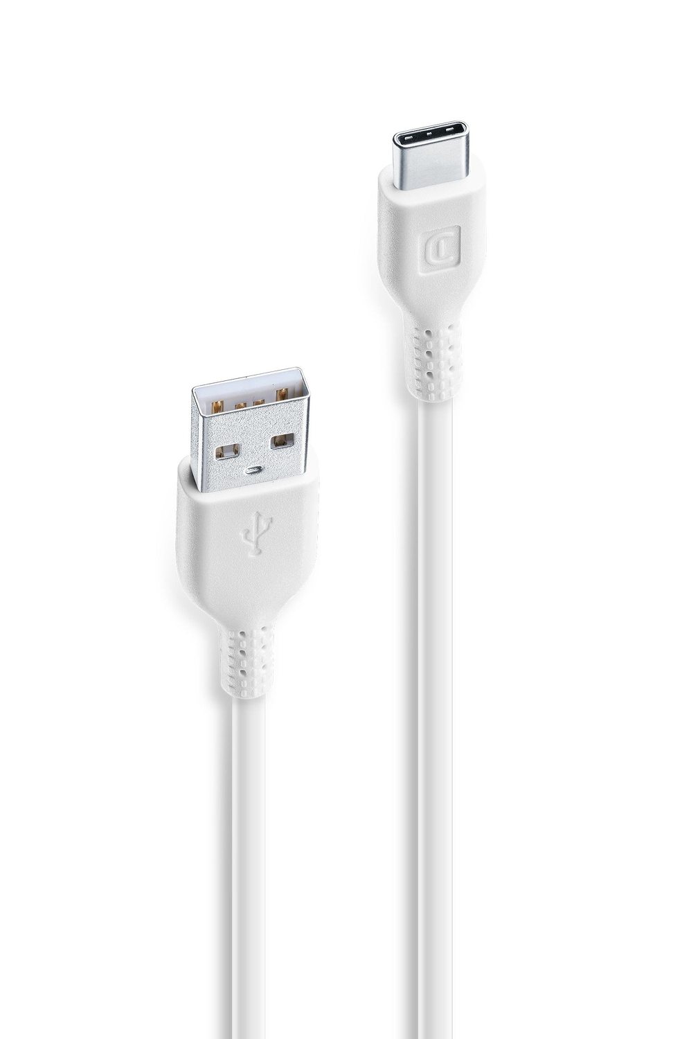 Cable USB-C a USB-A blanco sobre un fondo blanco. El cable está cuidadosamente presentado y aislado.