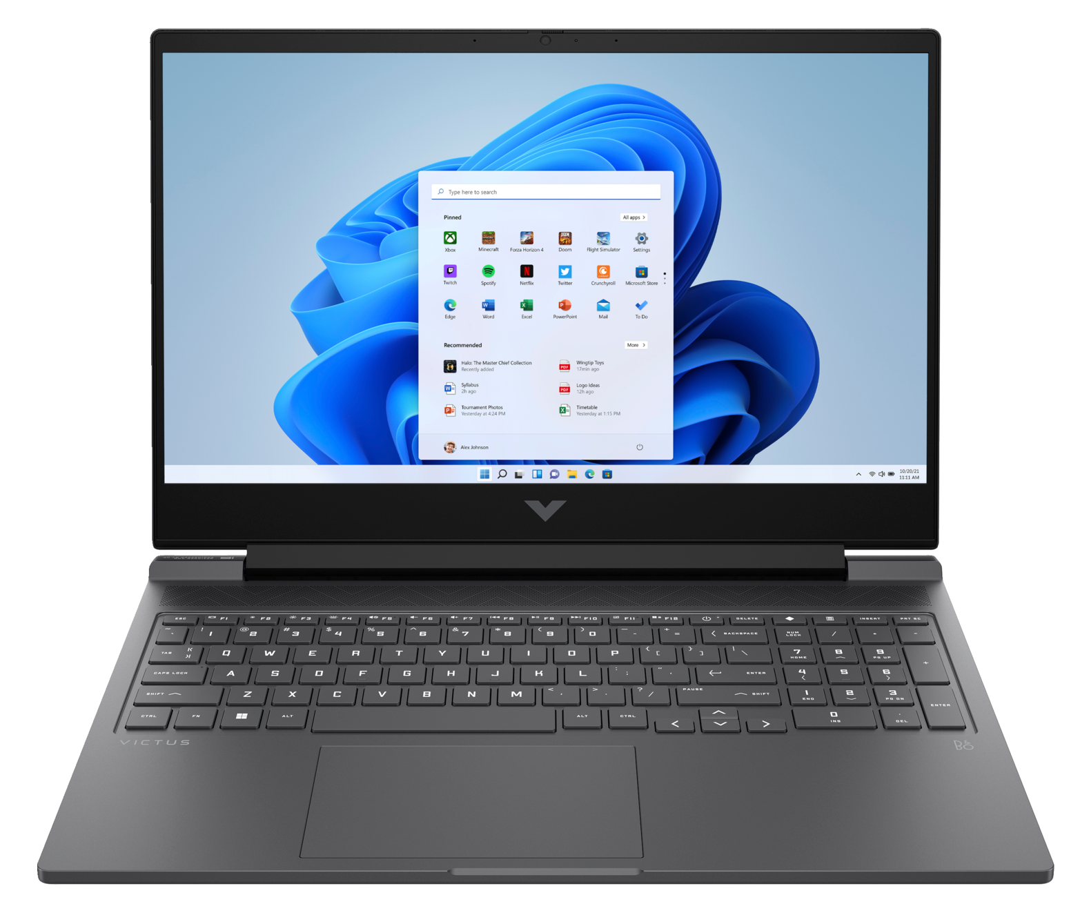 Otwarty laptop z ekranem pulpitu Windows 11. Laptop jest czarny.