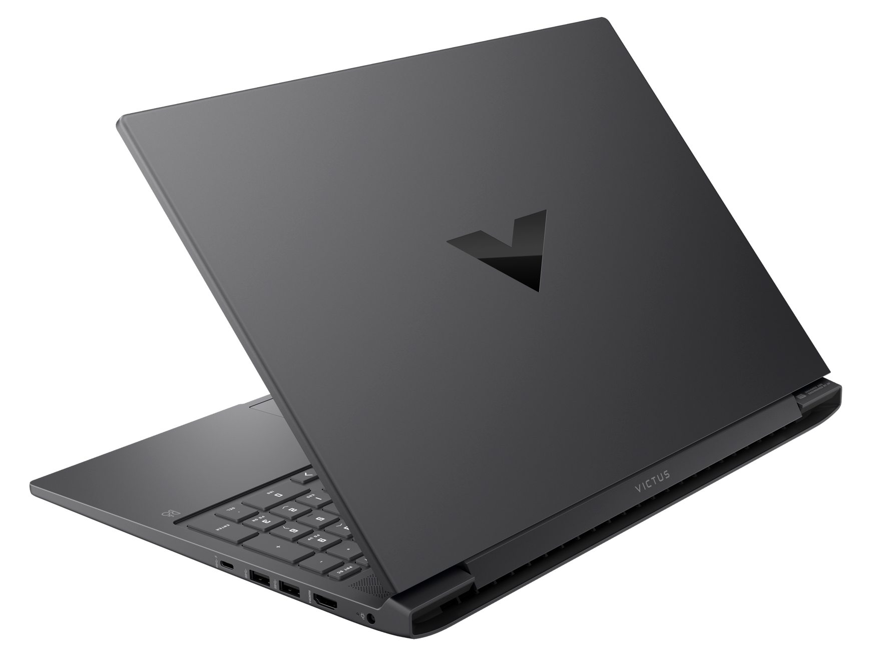 Ciemnoszary laptop z perspektywy pod kątem, otwarty, aby odsłonić klawiaturę i ekran.