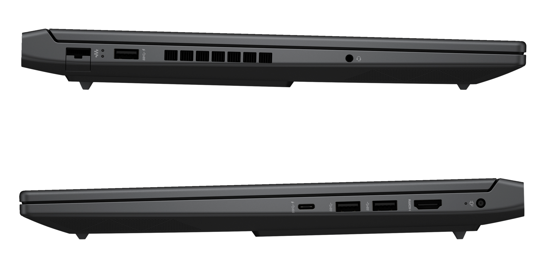 Dwa widoki z boku czarnego laptopa, pokazujące porty i otwory wentylacyjne, na czarnym tle.