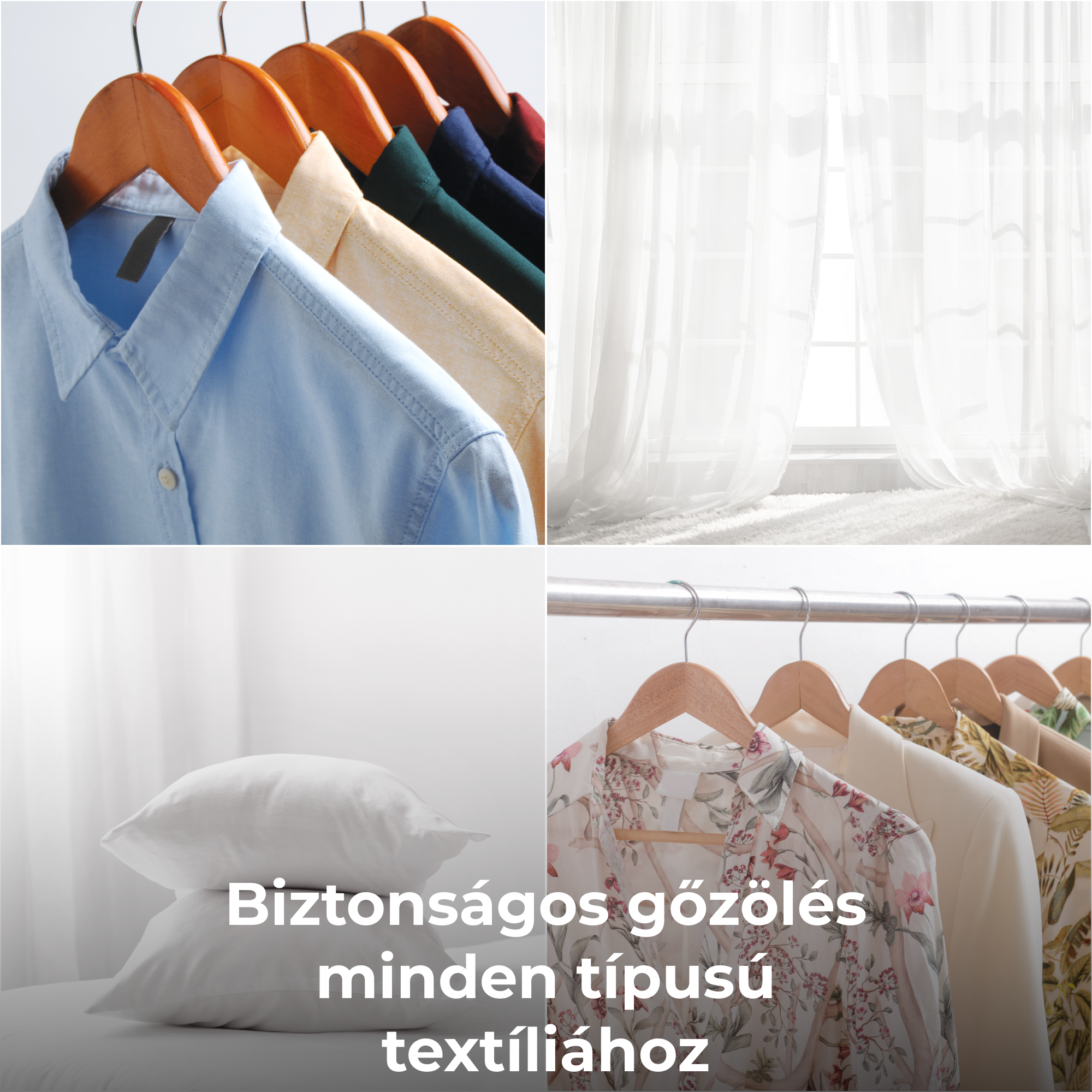 Ingek és párnák vállfákon, valamint egy ablak.