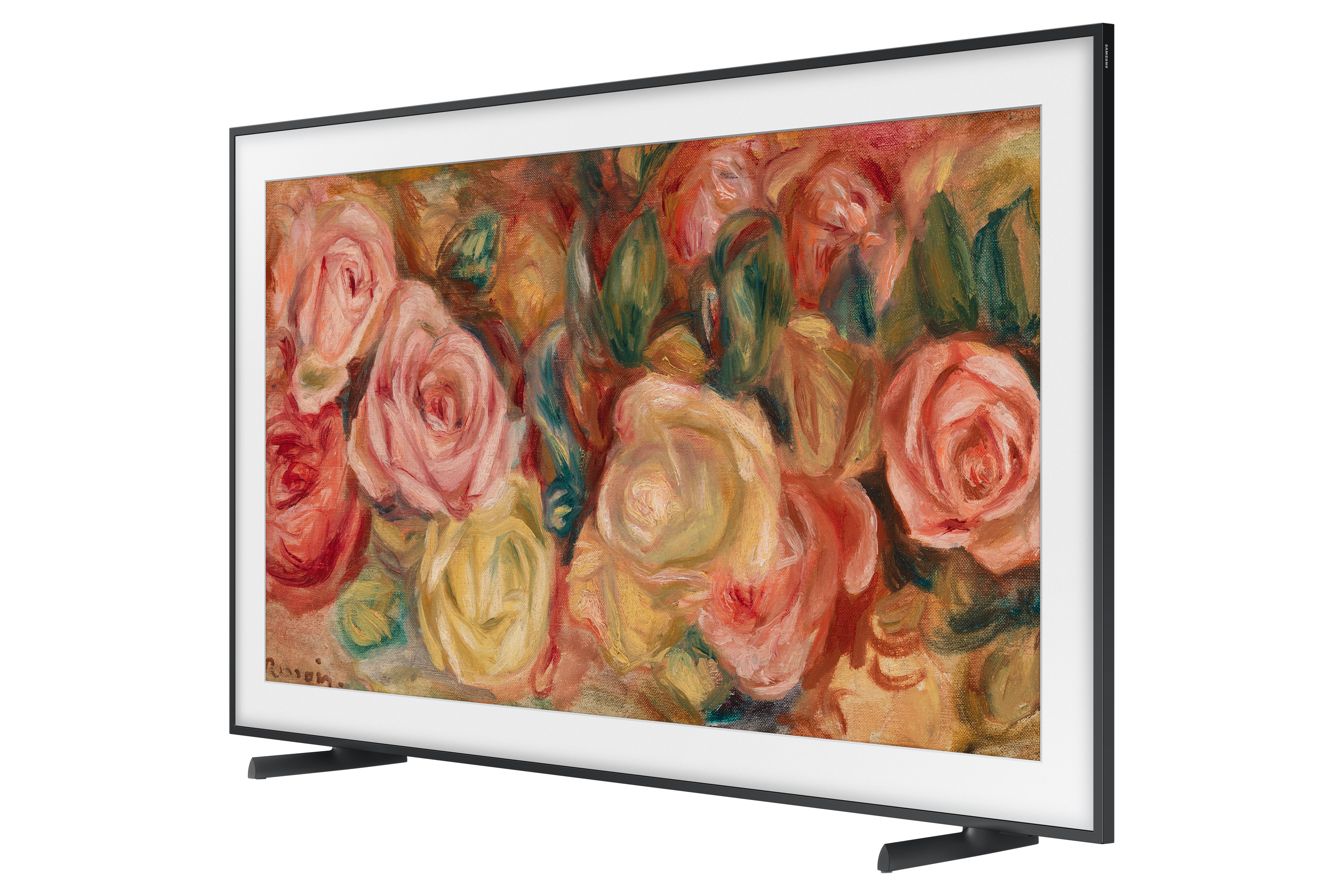 Telewizor Samsung 'The Frame' z dziełem sztuki w kwiaty, ustawiony w prawo.