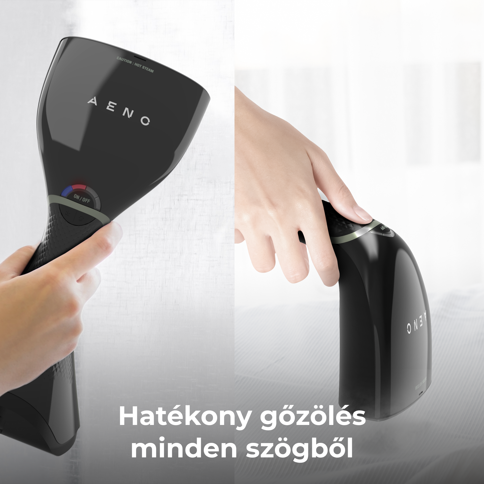 Személy fekete Aeno gőztisztítót használ. Be/ki gomb látható. Fehér háttér.