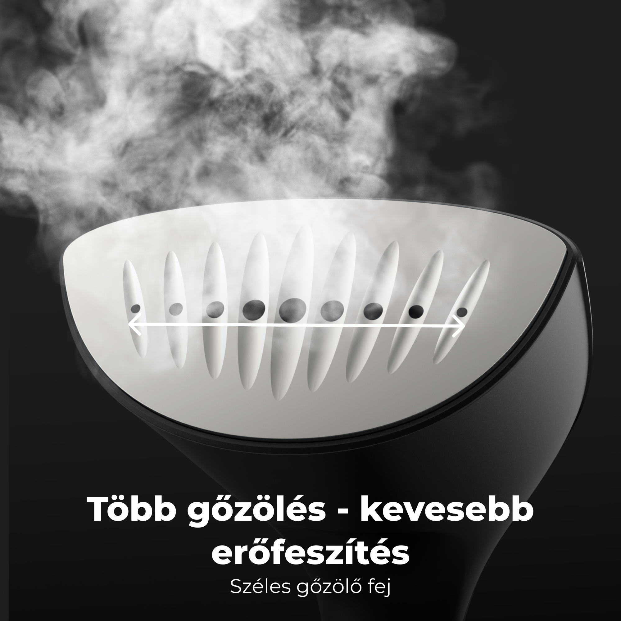 Közelkép egy fekete ruhagőzölő gőzfejéről.