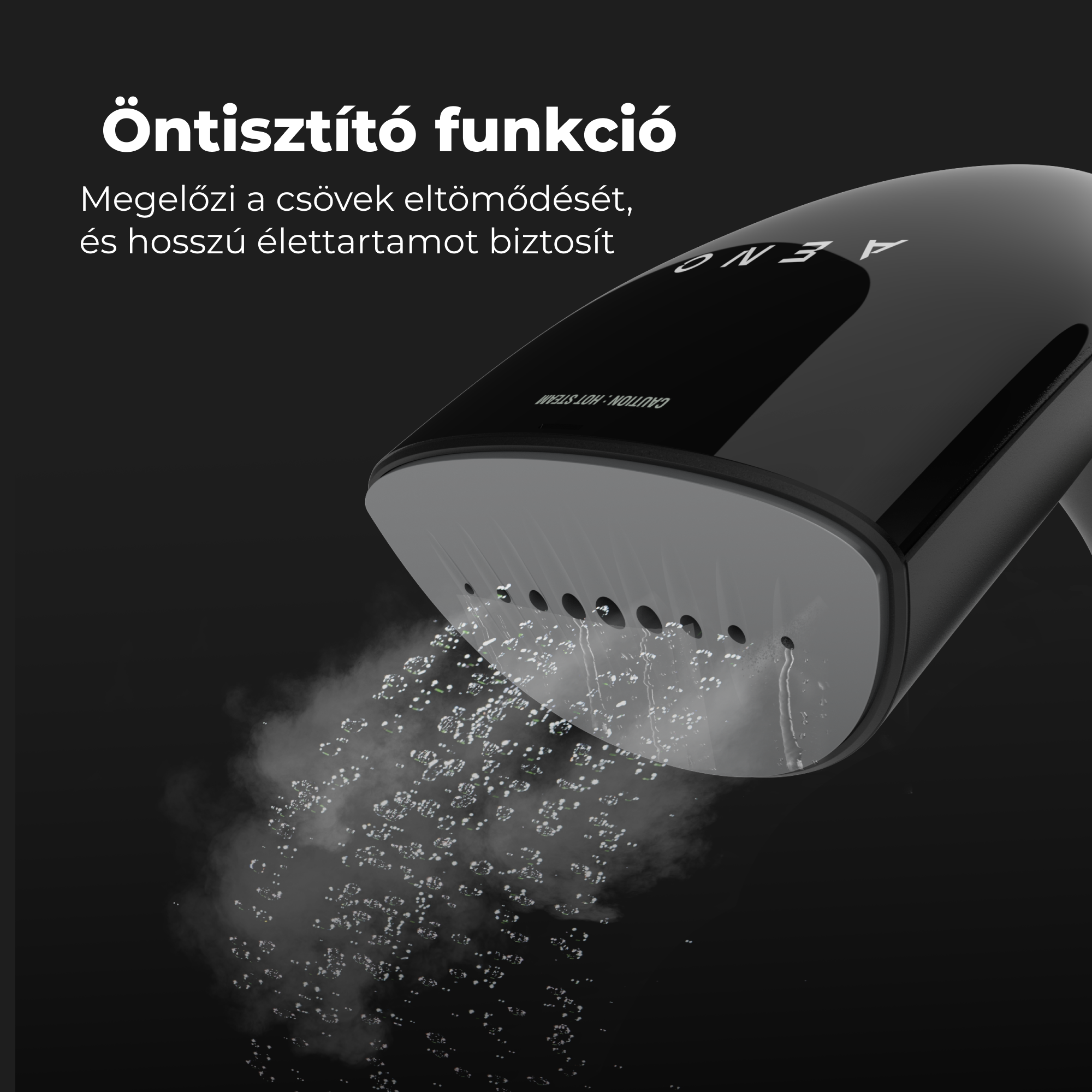 Egy fekete gőzölőgép, amelyen szöveg szerepel az öntisztító funkcióról.