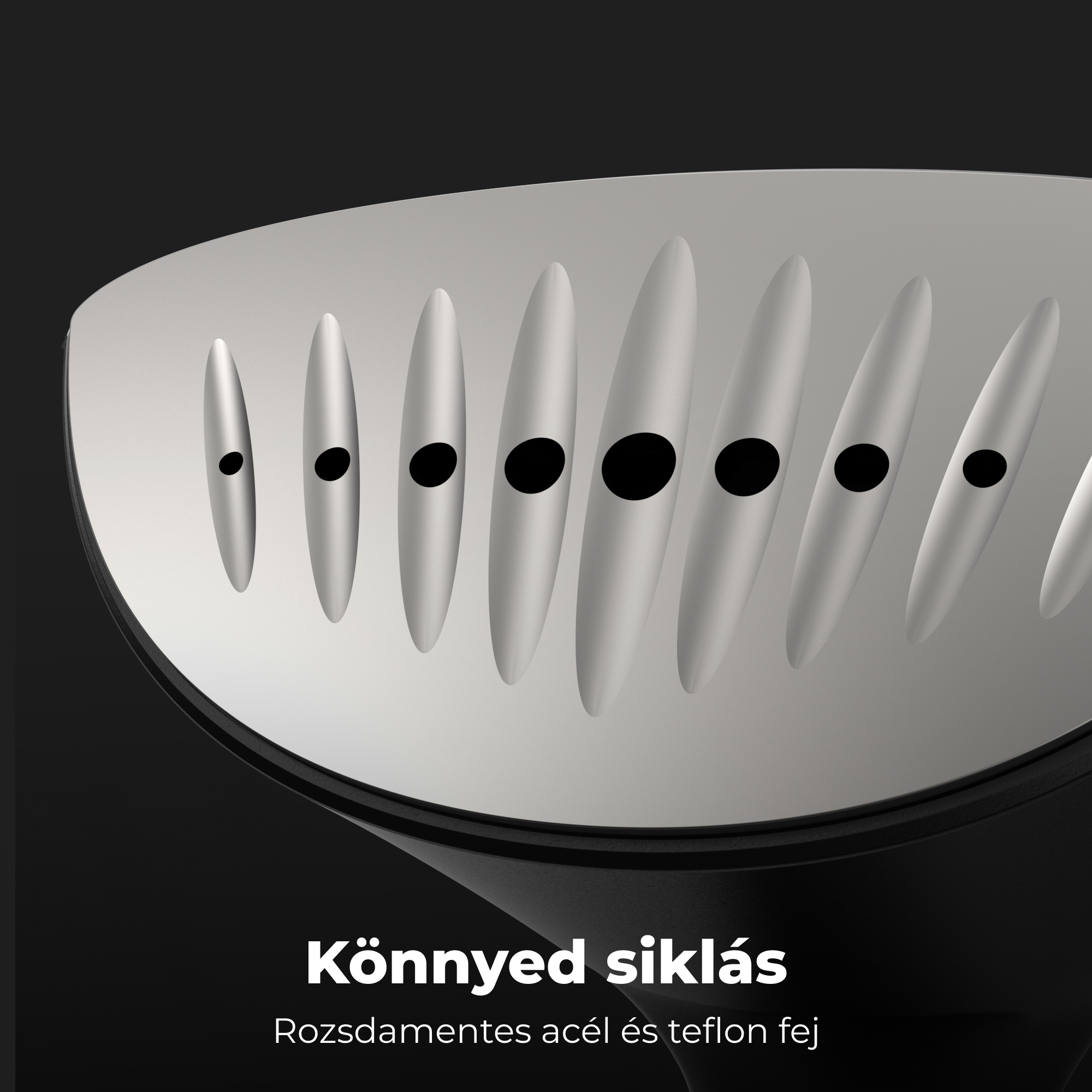 Egy rozsdamentes acél készülék alkatrészének közeli képe. Fekete pontok vannak rajta, és könnyen tisztítható.