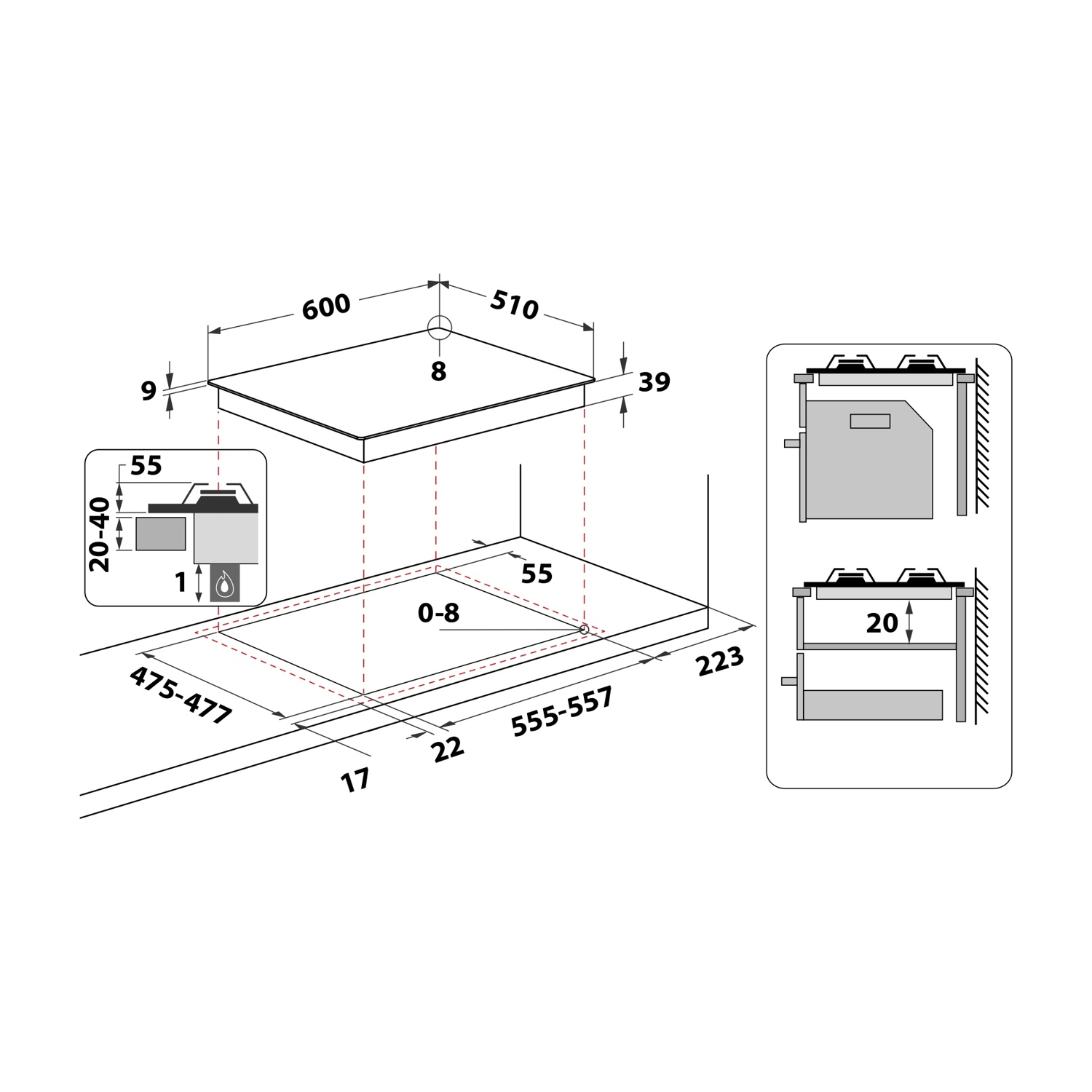Schema di un piano cottura con dimensioni. Include viste laterali e dettagli dei bruciatori e delle dimensioni complessive.