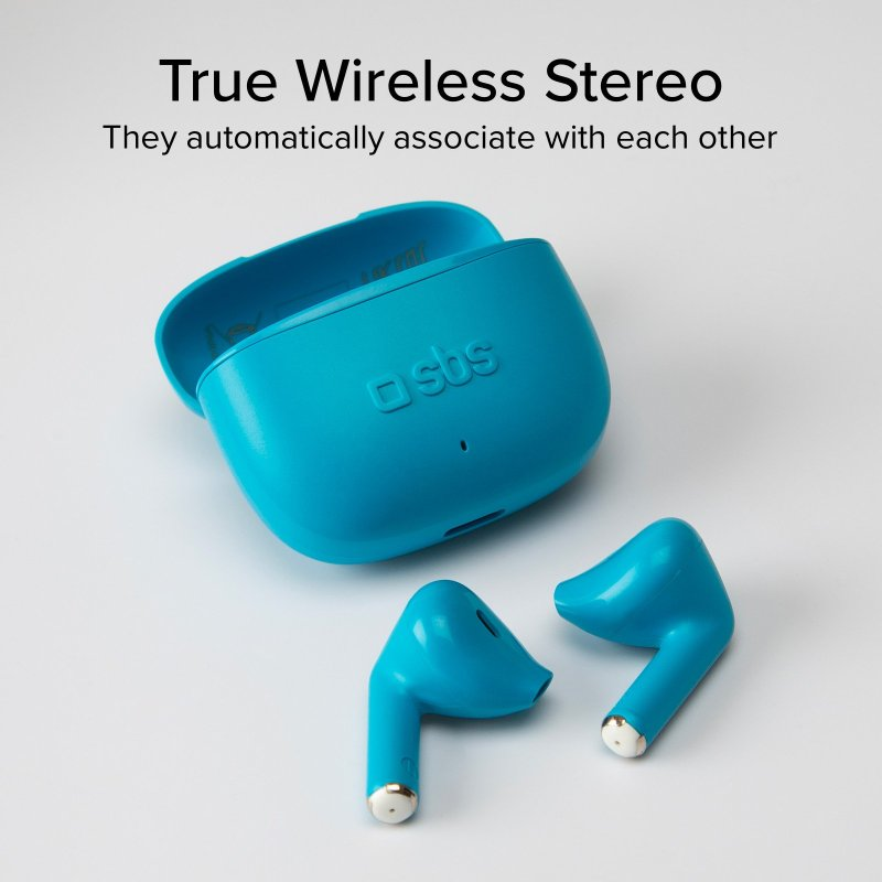 Blaue kabellose Ohrhörer und Ladecase. Text: True Wireless Stereo. Weißer Hintergrund.