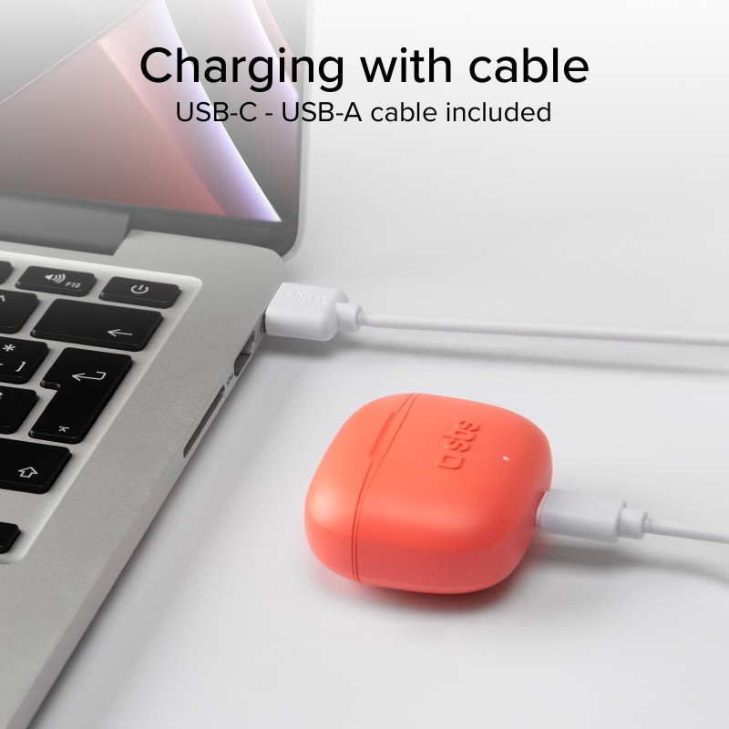 Ein rotes Ladecase, das mit einem USB-C-Kabel mit einem Laptop verbunden ist.
