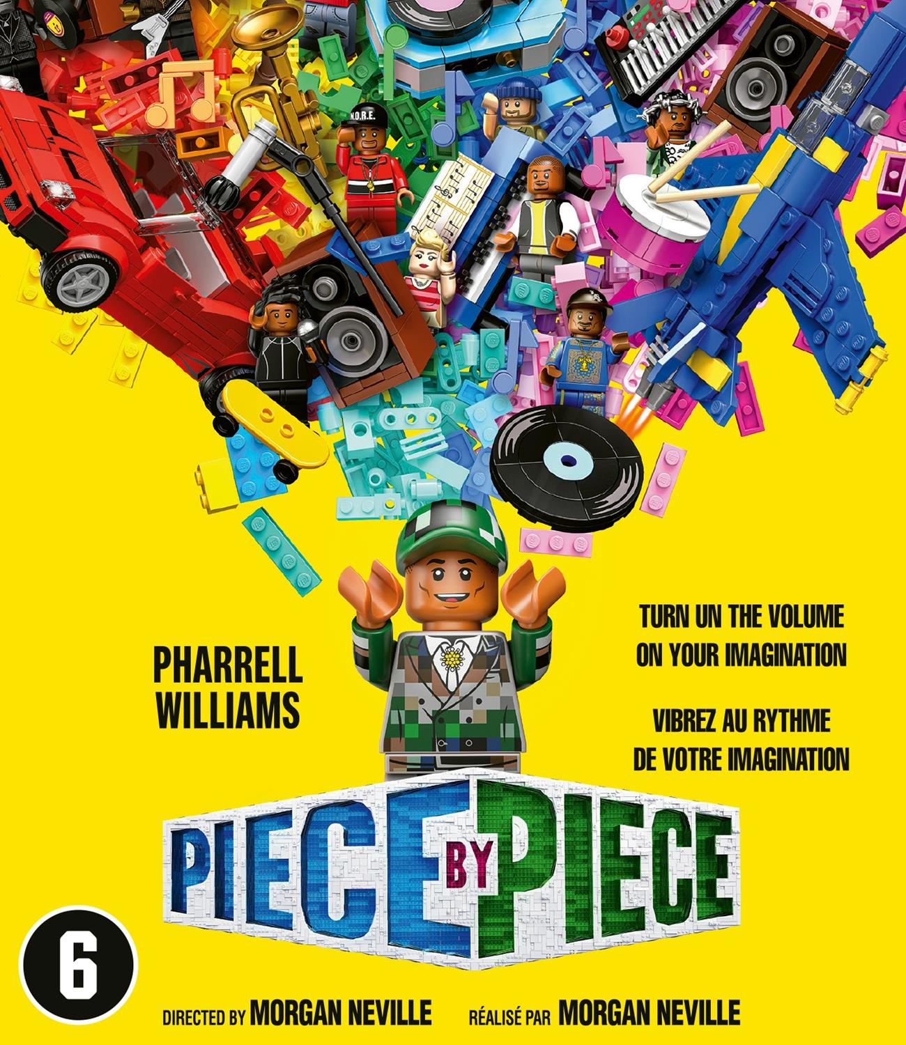 Albumhoes van Pharrell Williams Piece by Piece. Lego figuur met armen omhoog, omringd door Legostukken. Gele achtergrond.