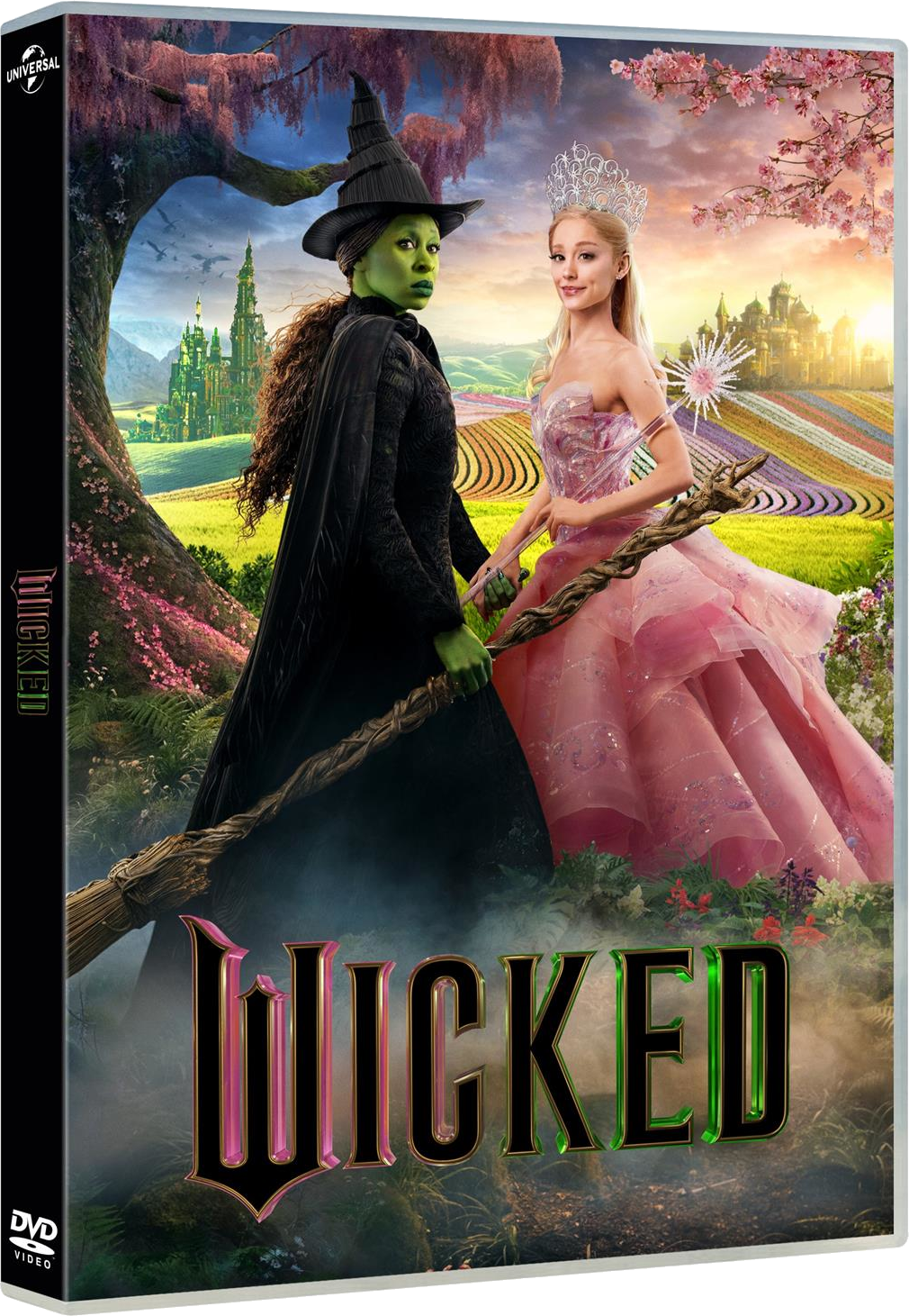 Couverture DVD de Wicked. Deux femmes, peau verte et robe rose, tenant un balai, avec un arrière-plan fantastique.