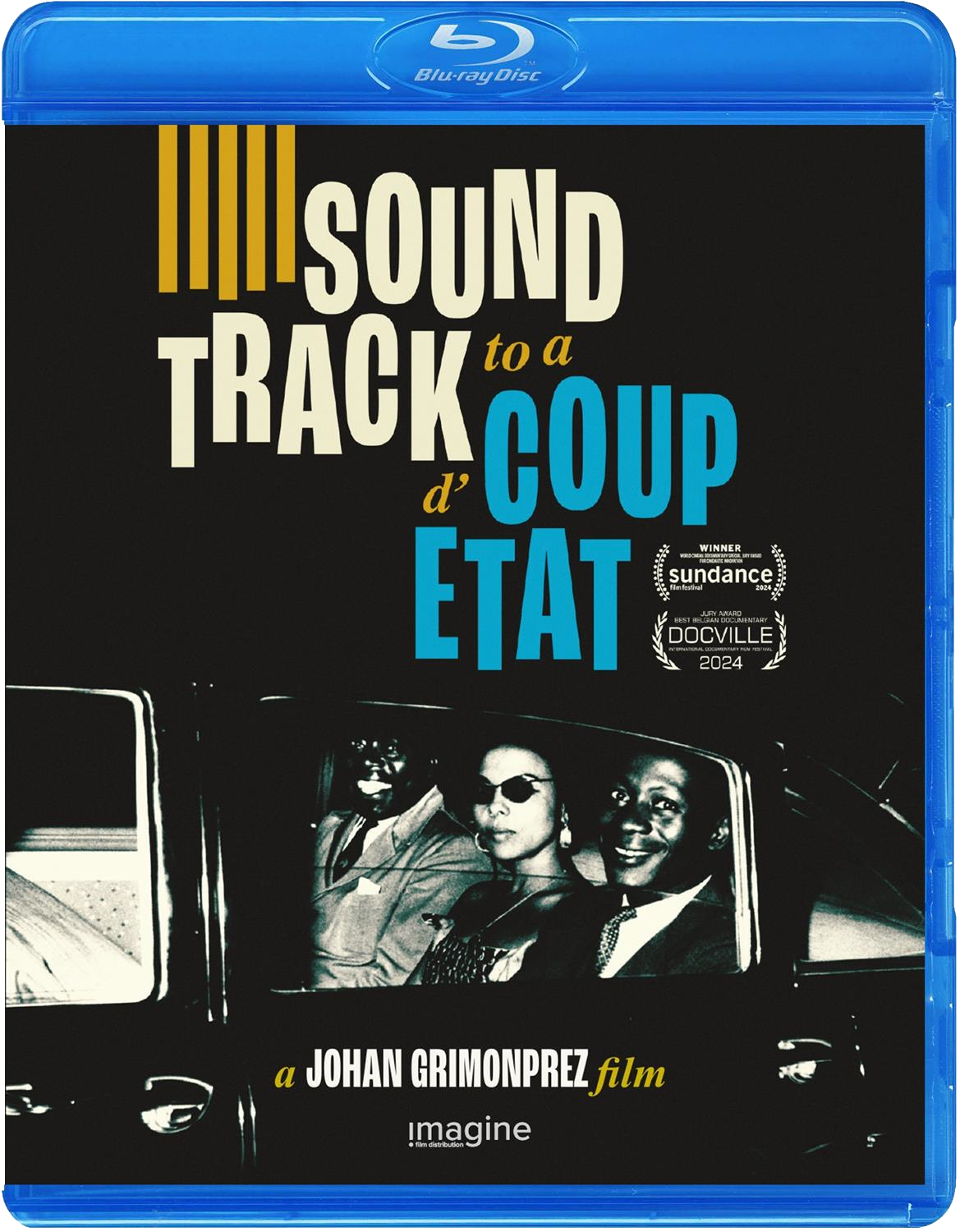 Blu-ray-hoes voor een film, met zwarte achtergrond. Mensen in een auto, tekstoverlay in geel en blauw.