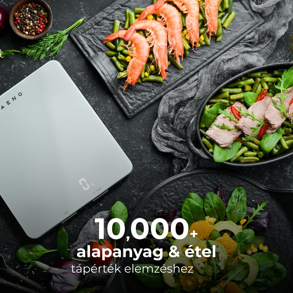 Ételmérleg garnélákkal és zöldségekkel fekete felületen. Szöveg: '10 000+ összetevő és ételérték elemzés'.
