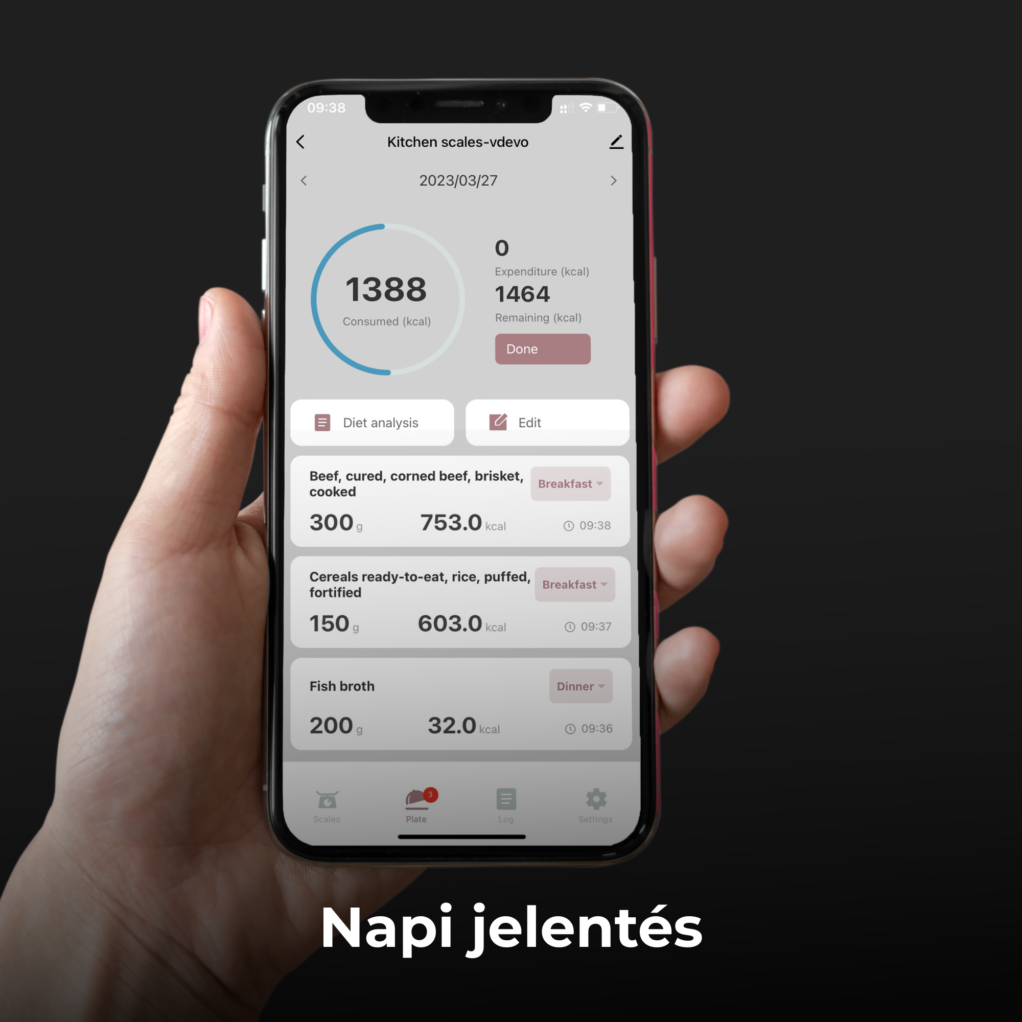 Telefon képernyője kalória- és élelmiszer-információkkal.