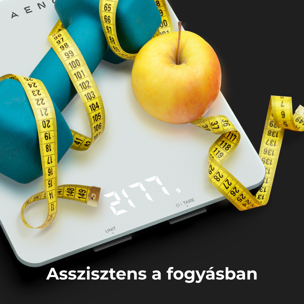 Mérleg súlyzóval, mérőszalaggal és almával. Szöveg: 'Segít a fogyásban', és 2177 súlyt mutat.