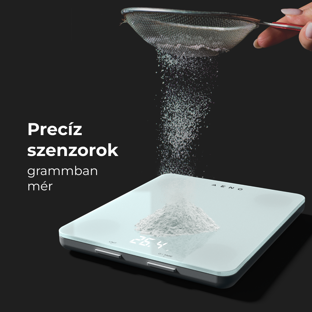 Mérleg, liszttel szitálva. Szöveg: Pontos érzékelők grammban mérnek.