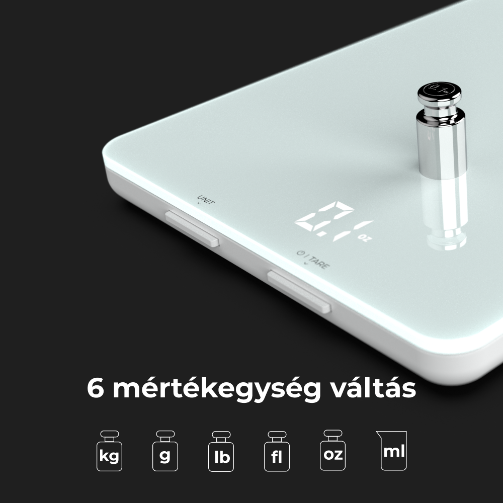 Mérleg egy súllyal rajta. A szöveg '6 egység váltás' és különböző egységek láthatók alul.