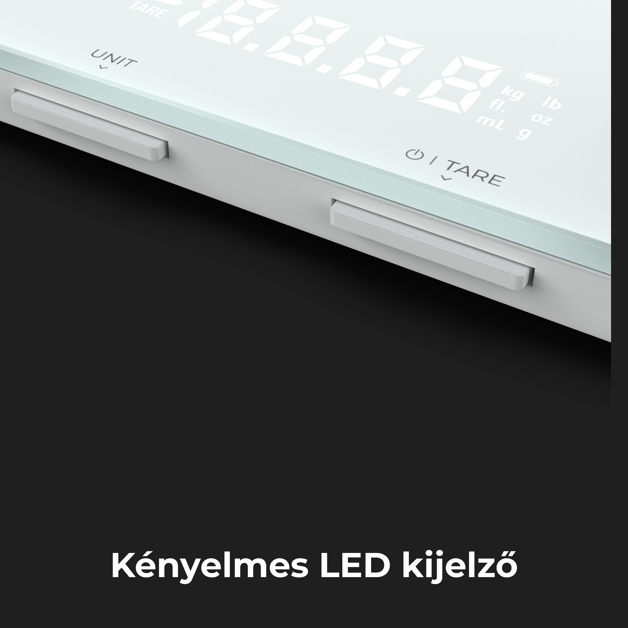 Fehér digitális konyhai mérleg LED kijelzővel. Ez egy közeli kép.