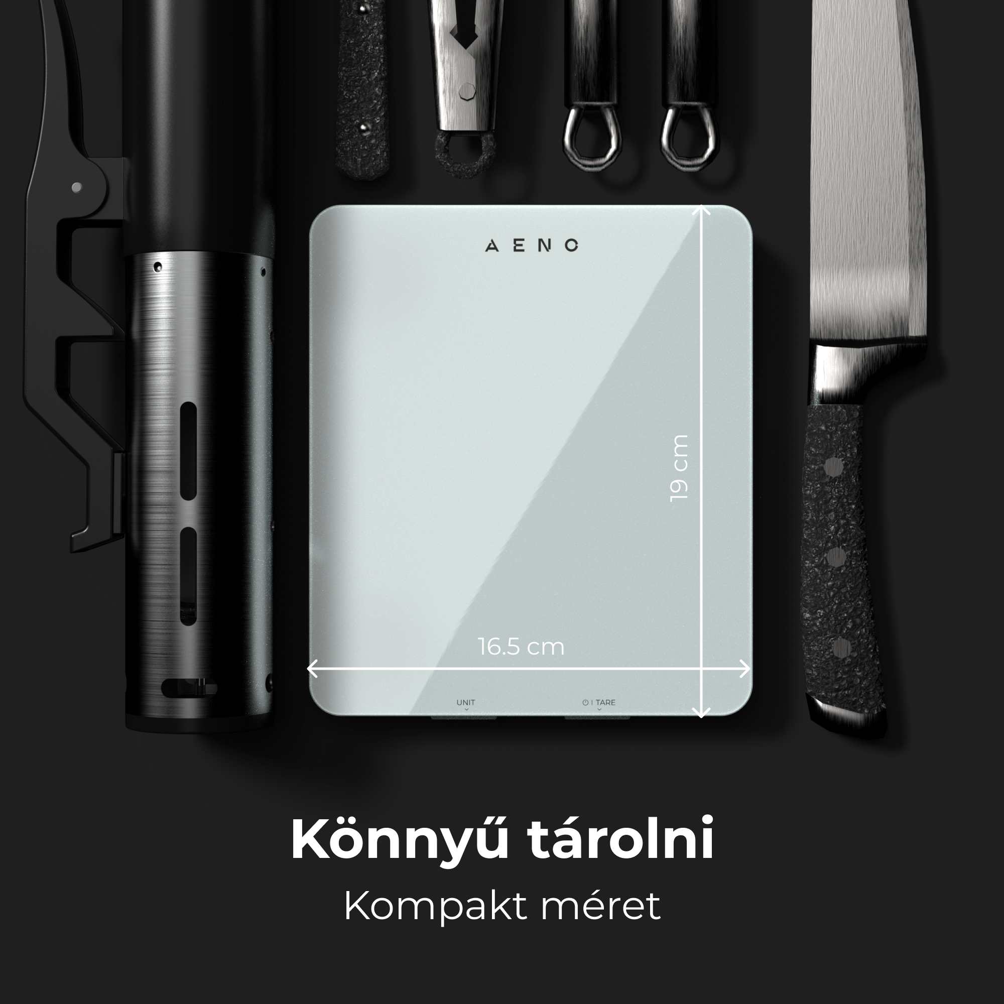 Mérleg konyhai eszközökkel körülvéve. Szöveg: 'Könnyen tárolható - Kompakt méret', 16,5 x 19 cm méret.