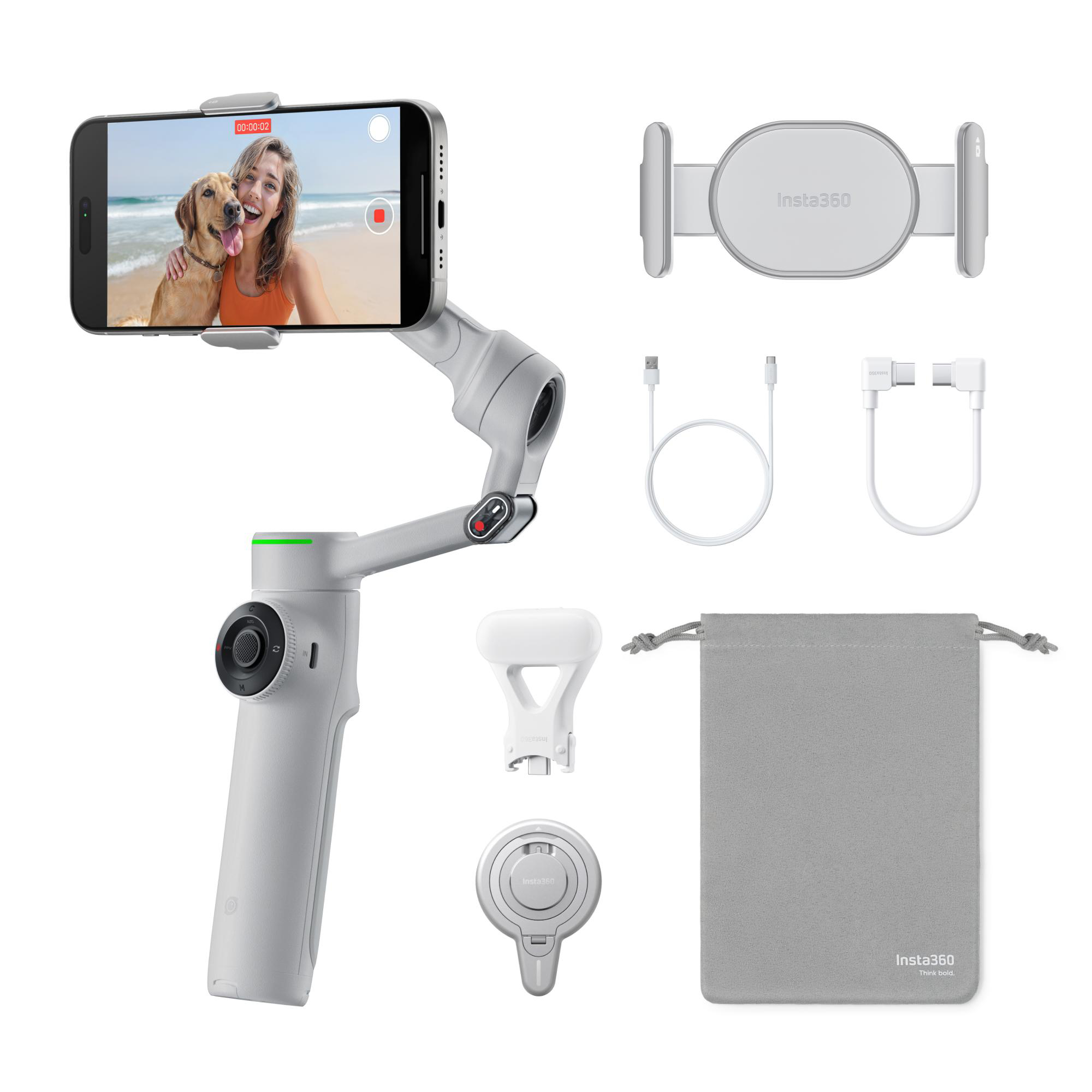 Stabilisator-Kit mit Telefon, das Video von Frau und Hund zeigt.