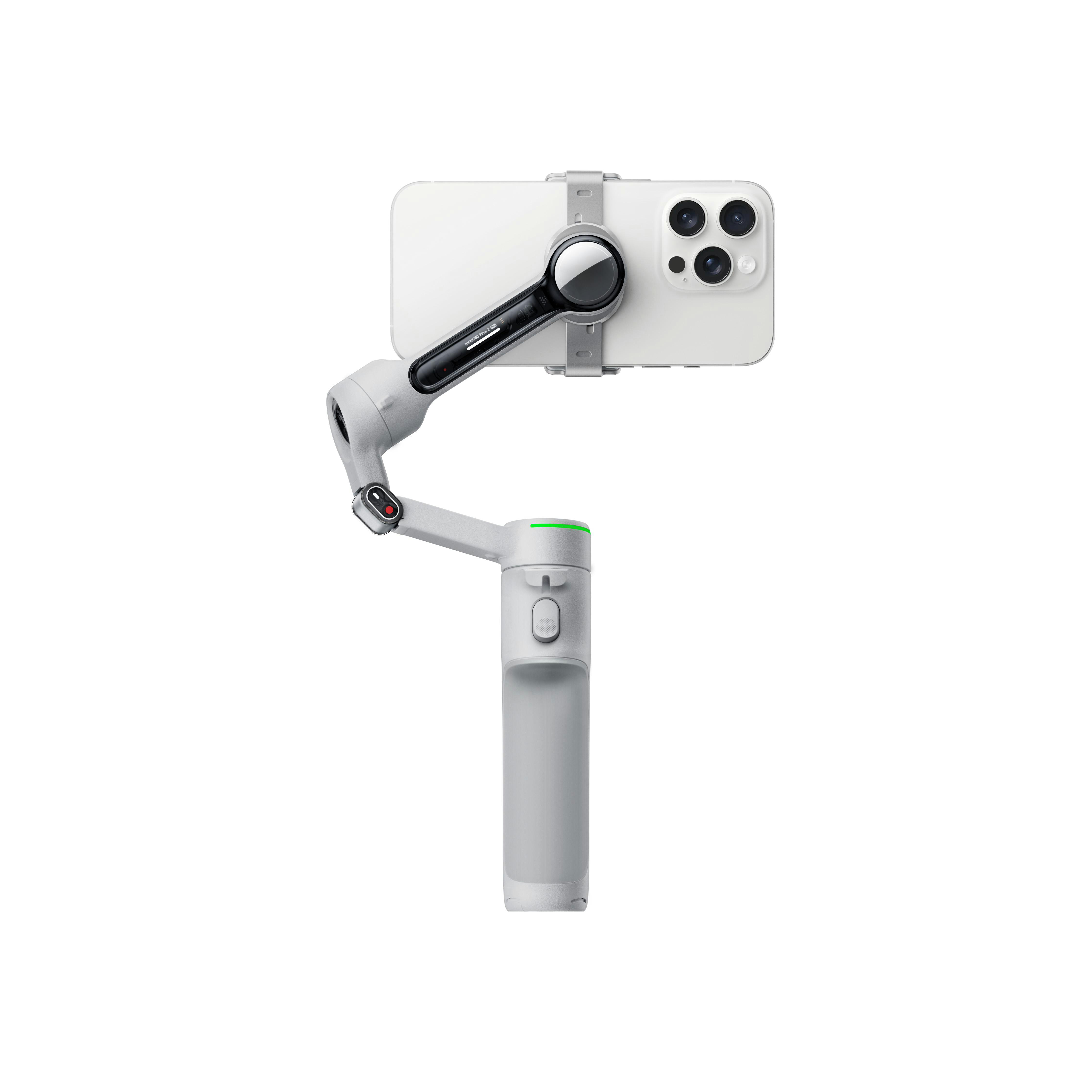 Ein weißes Smartphone wird in einem Gimbal-Stabilisator gehalten. Das Gimbal ist grau und auf weißem Hintergrund.