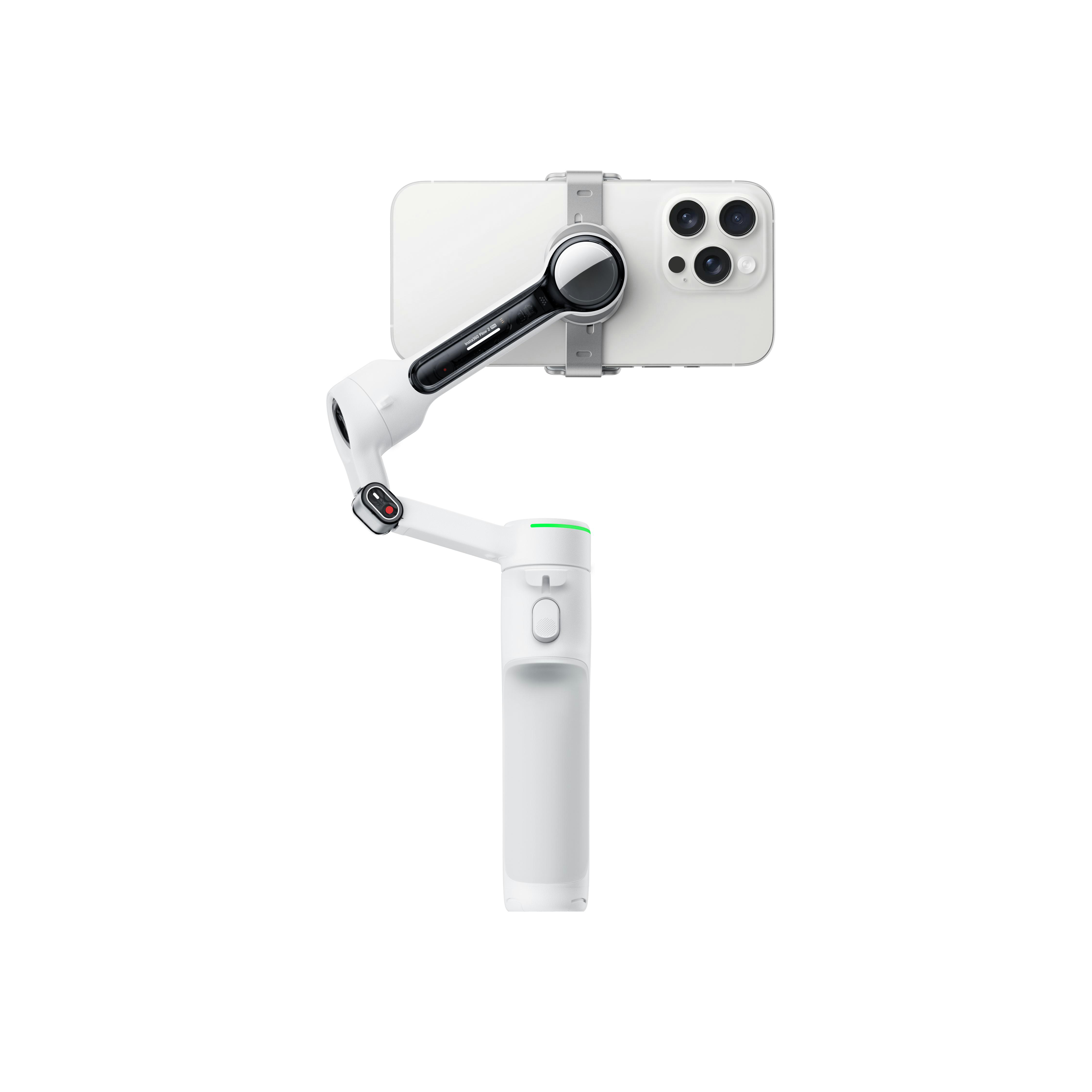 Ein weißes Gimbal mit einem angebrachten Telefon, isoliert auf weißem Hintergrund.
