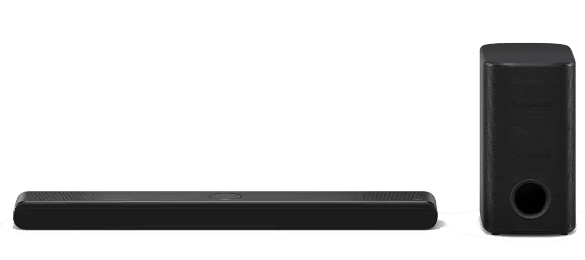 Czarny soundbar i subwoofer. Czarne tło.