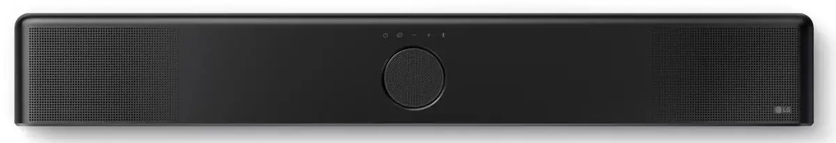 Czarny soundbar z okrągłym głośnikiem pośrodku i małymi światełkami na górze. Tło jest białe.