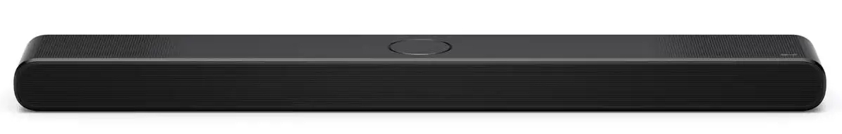 Długi, czarny soundbar. Ma zaokrąglony kształt i jeden przycisk na górze.