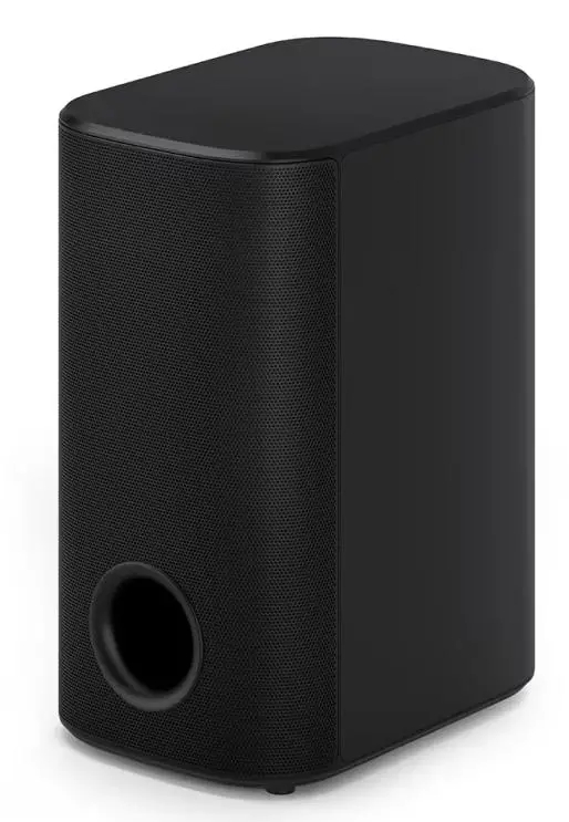 Czarny subwoofer z dużym okrągłym portem z przodu i siatkowym bokiem.