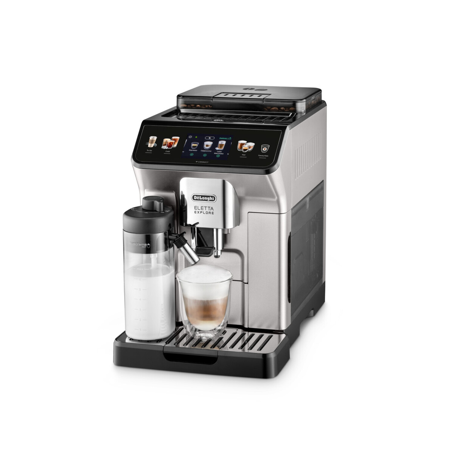 A silver and black Delonghi coffee machine with a milk container and a glass of coffee.