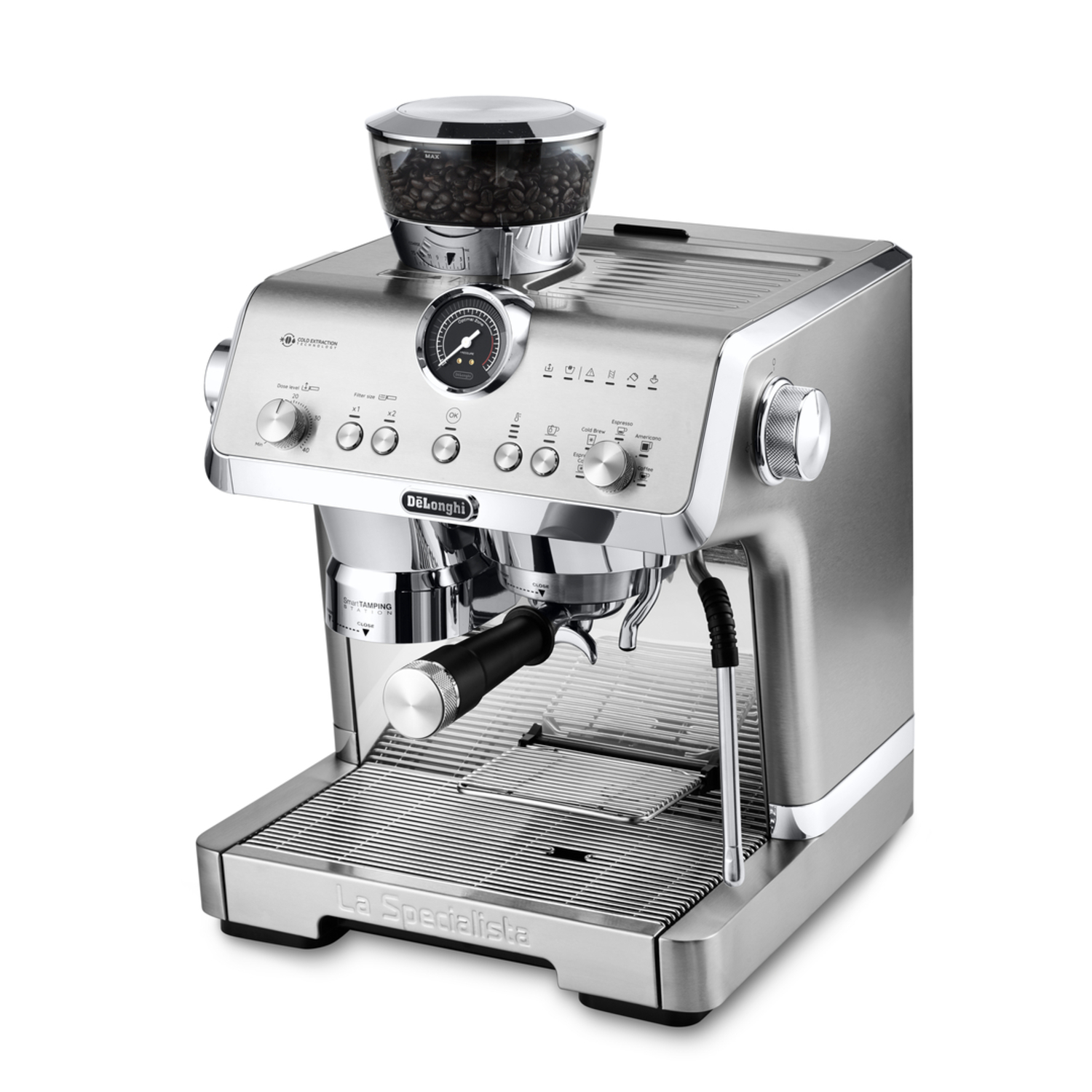 A silver espresso machine with a coffee bean container, grinder, and various controls.