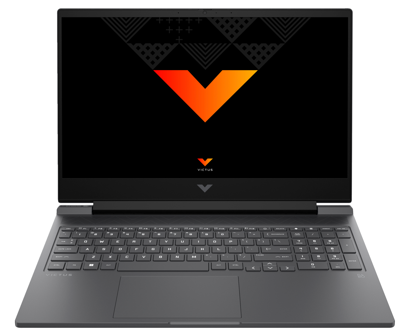 Czarny laptop Victus z logo na ekranie, czarne tło.