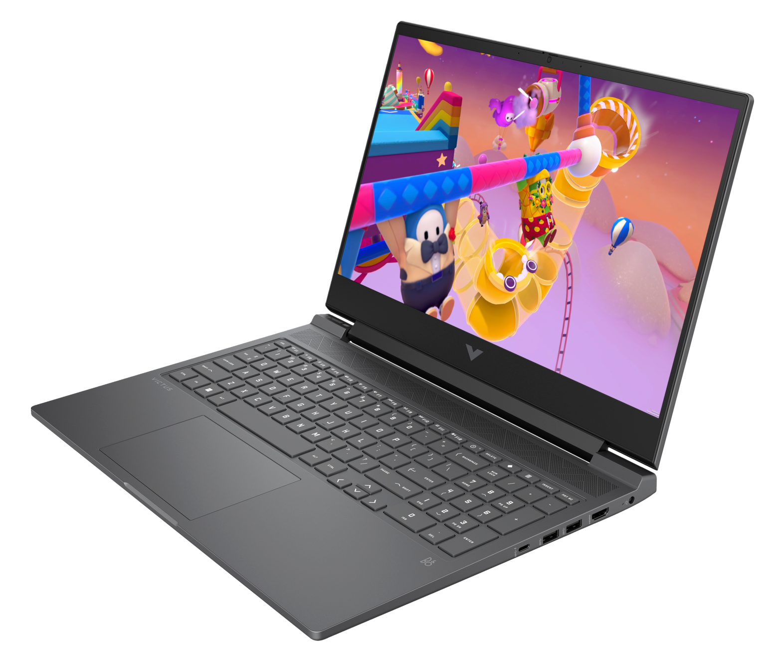Laptop wyświetlający grę wideo. Laptop jest otwarty i pod kątem. Tło jest czarne.