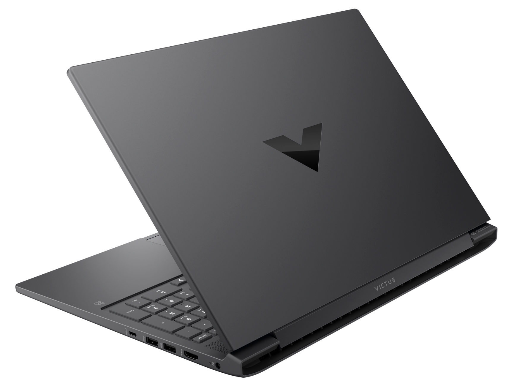 Ciemnoszary laptop z czarnym logo, otwarty na czarnej powierzchni.