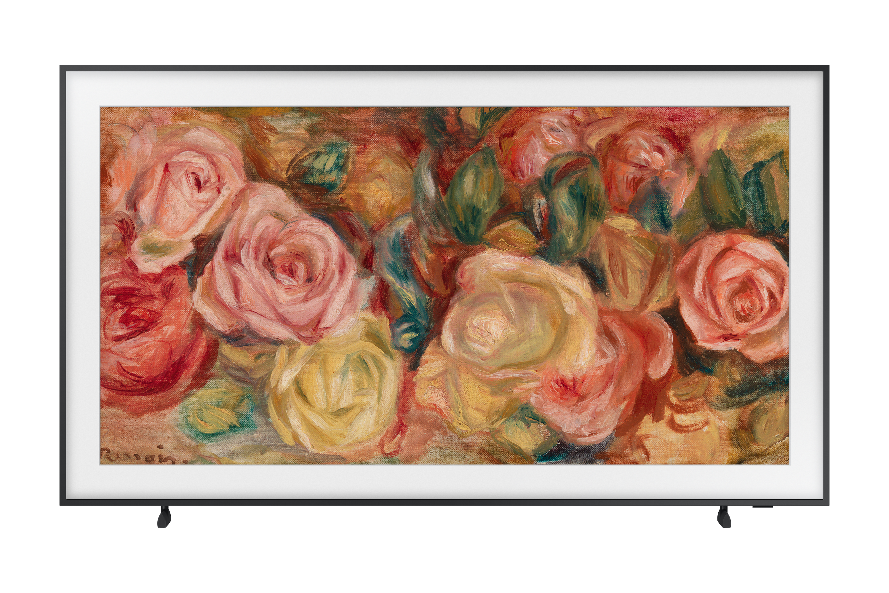 Telewizor Samsung Frame wyświetlający obraz kwiatowy, na czarnym tle.