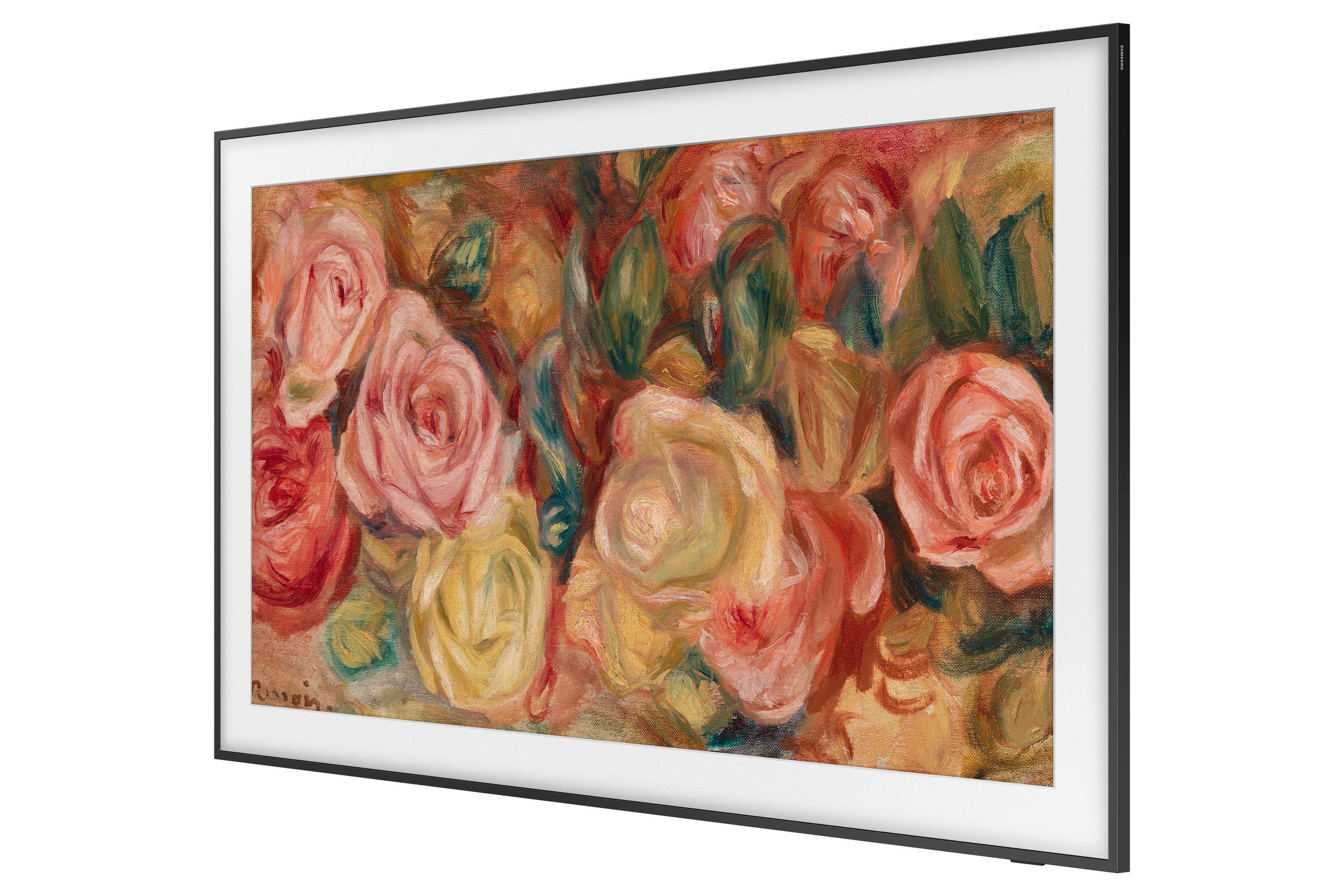 Telewizor z malowaniem kwiatowym, czarna ramka, na czarnym tle.