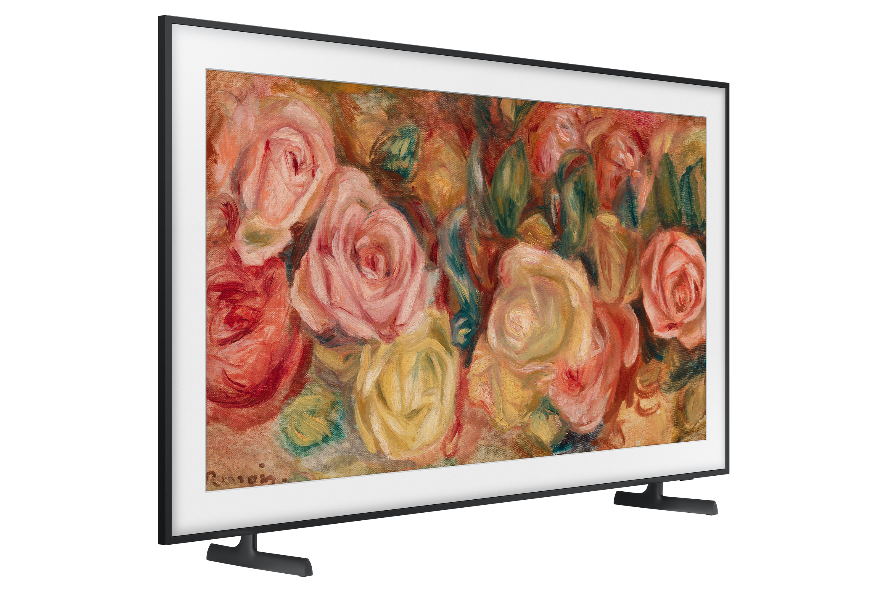 Telewizor wyświetlający obraz kwiatowy. Czarna ramka, czarne tło.