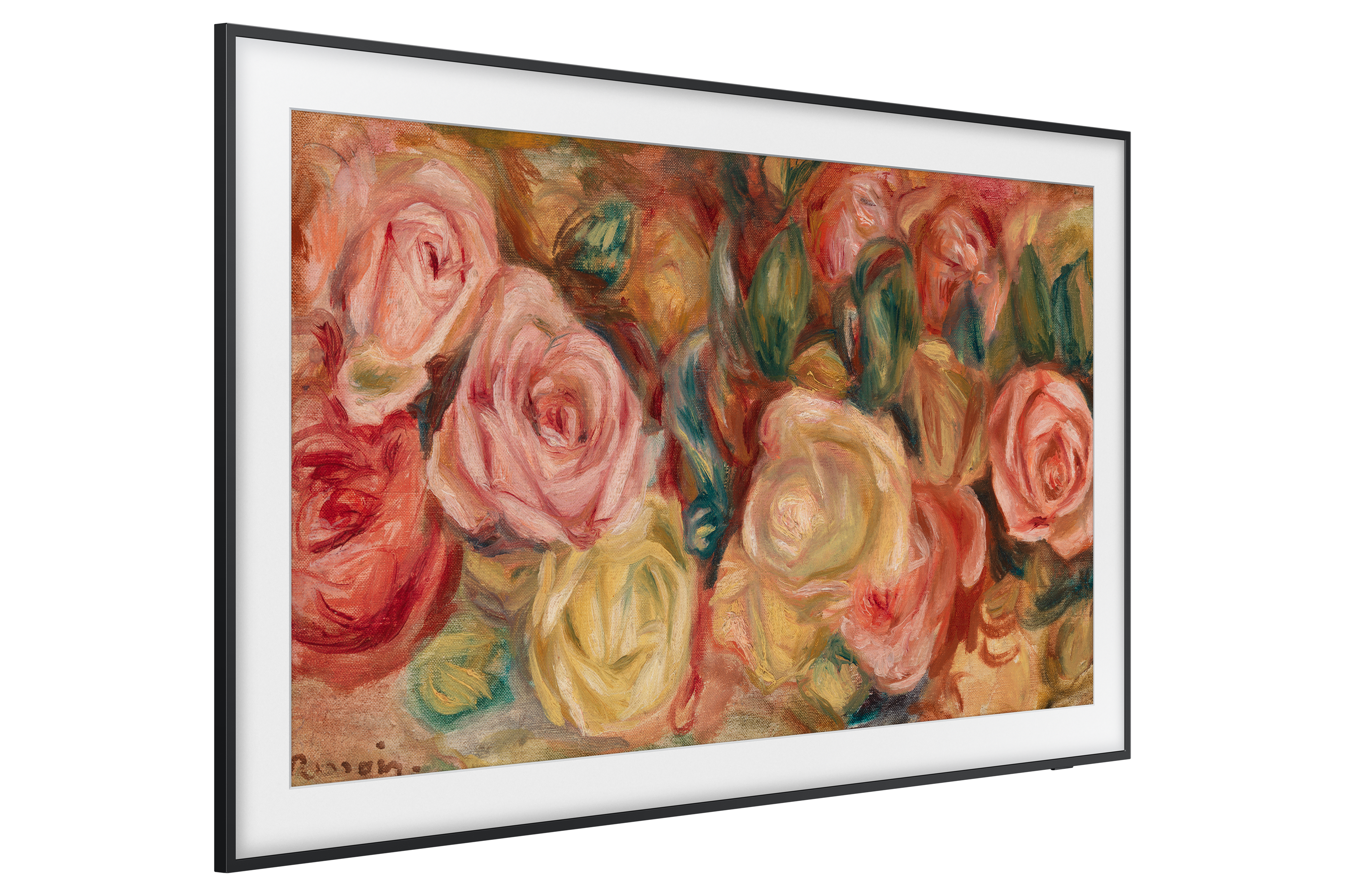 Oprawione dzieło sztuki z różami w różnych kolorach na ciemnym tle.